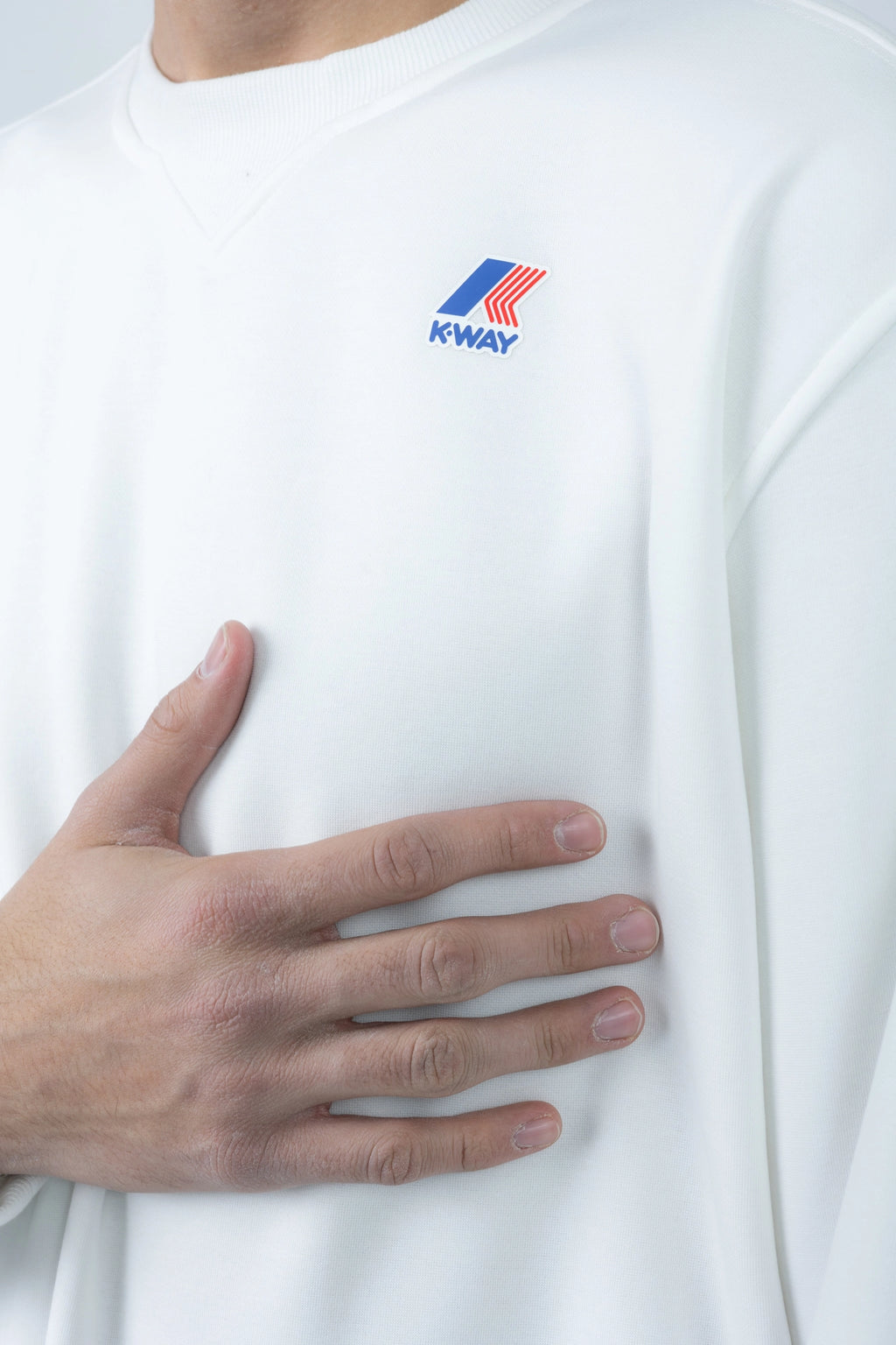 K-Way, Mens Blouse, White, Long Sleeve Shirt, Ribbed Cuffs and Hem, Elbow Seams, Front Logo Print, Logo Close-up. 