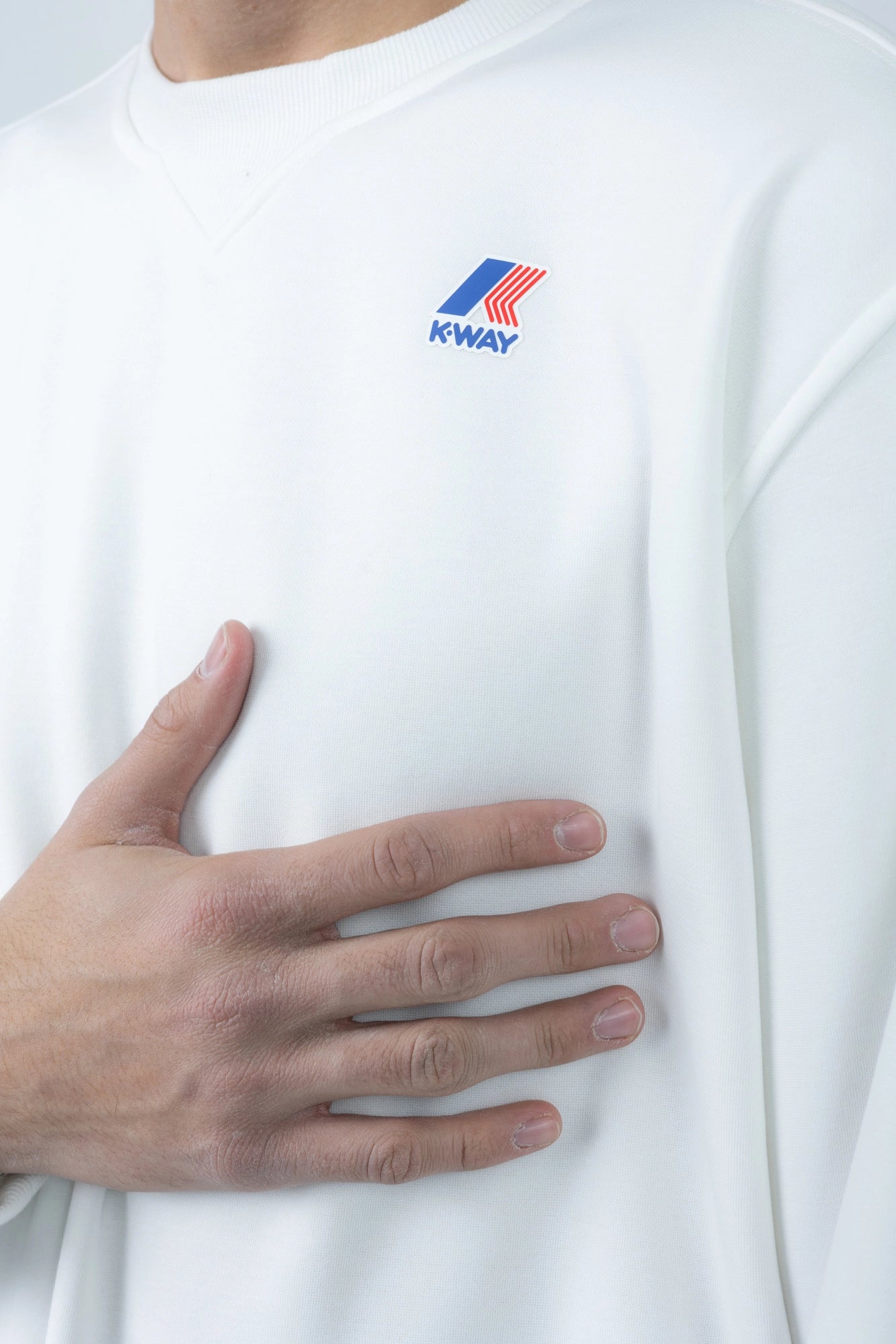 K-Way, Mens Blouse, White, Long Sleeve Shirt, Ribbed Cuffs and Hem, Elbow Seams, Front Logo Print, Logo Close-up. 