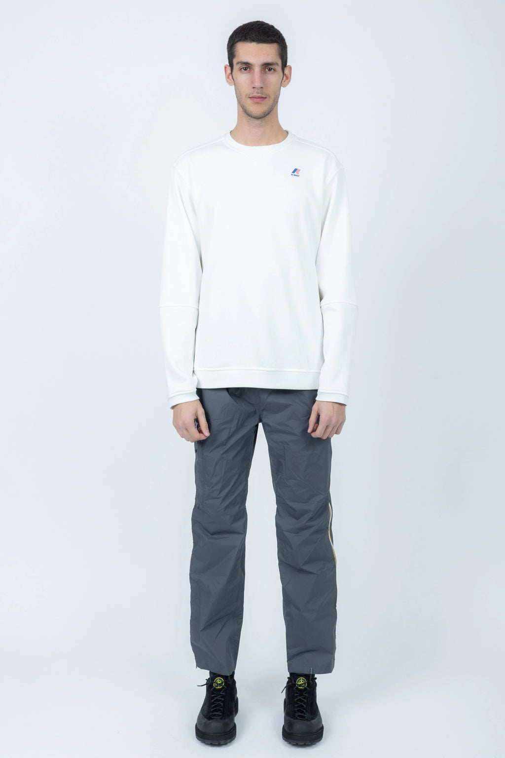 K-Way, Mens Blouse, White, Long Sleeve Shirt, Ribbed Cuffs and Hem, Elbow Seams, Front Logo Print, Full Body Front View. 
