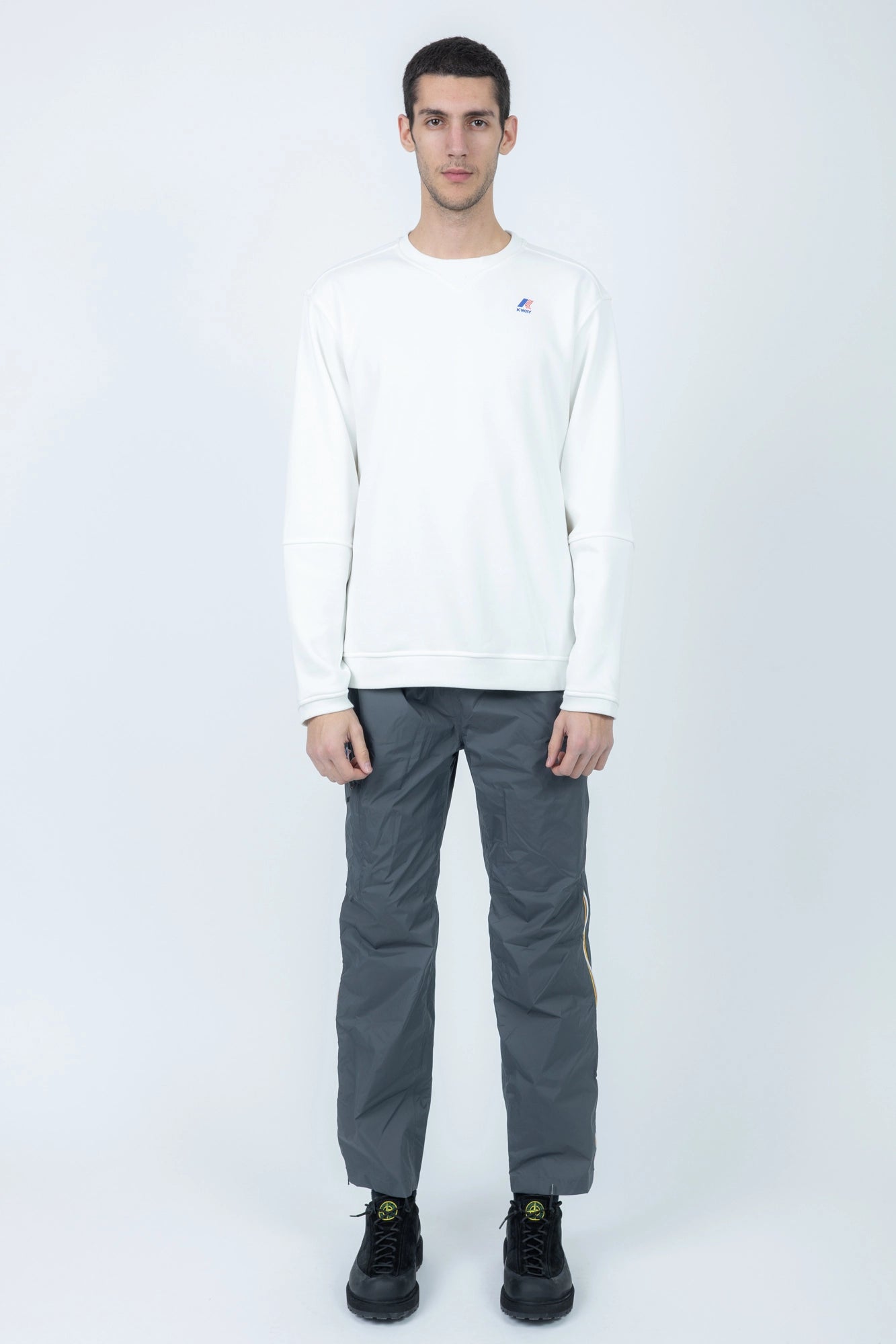 K-Way, Mens Blouse, White, Long Sleeve Shirt, Ribbed Cuffs and Hem, Elbow Seams, Front Logo Print, Full Body Front View. 