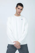 K-Way, Mens Blouse, White, Long Sleeve Shirt, Ribbed Cuffs and Hem, Elbow Seams, Front Logo Print, Front View Crossed Arms. 