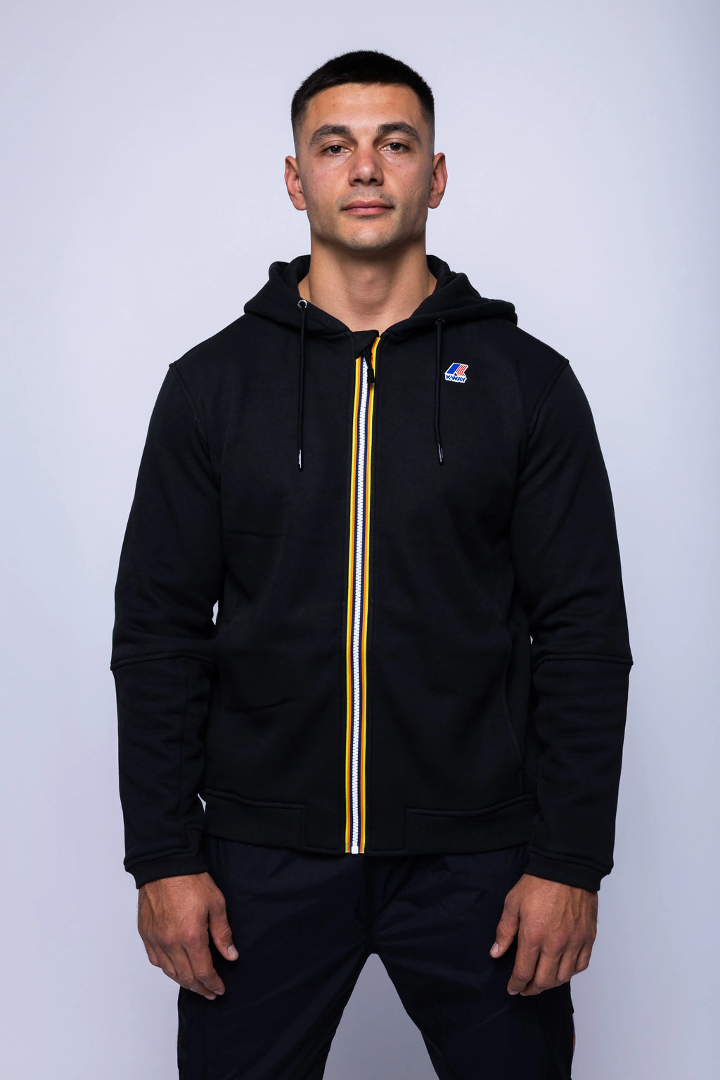 K-Way, Mens Hoodie, Black, Hooded, Full Zip, Long Sleeves, Ribbed Hem and Cuffs, Drawstring Hood, Chest Logo, Side Pockets, Front Portrait. 