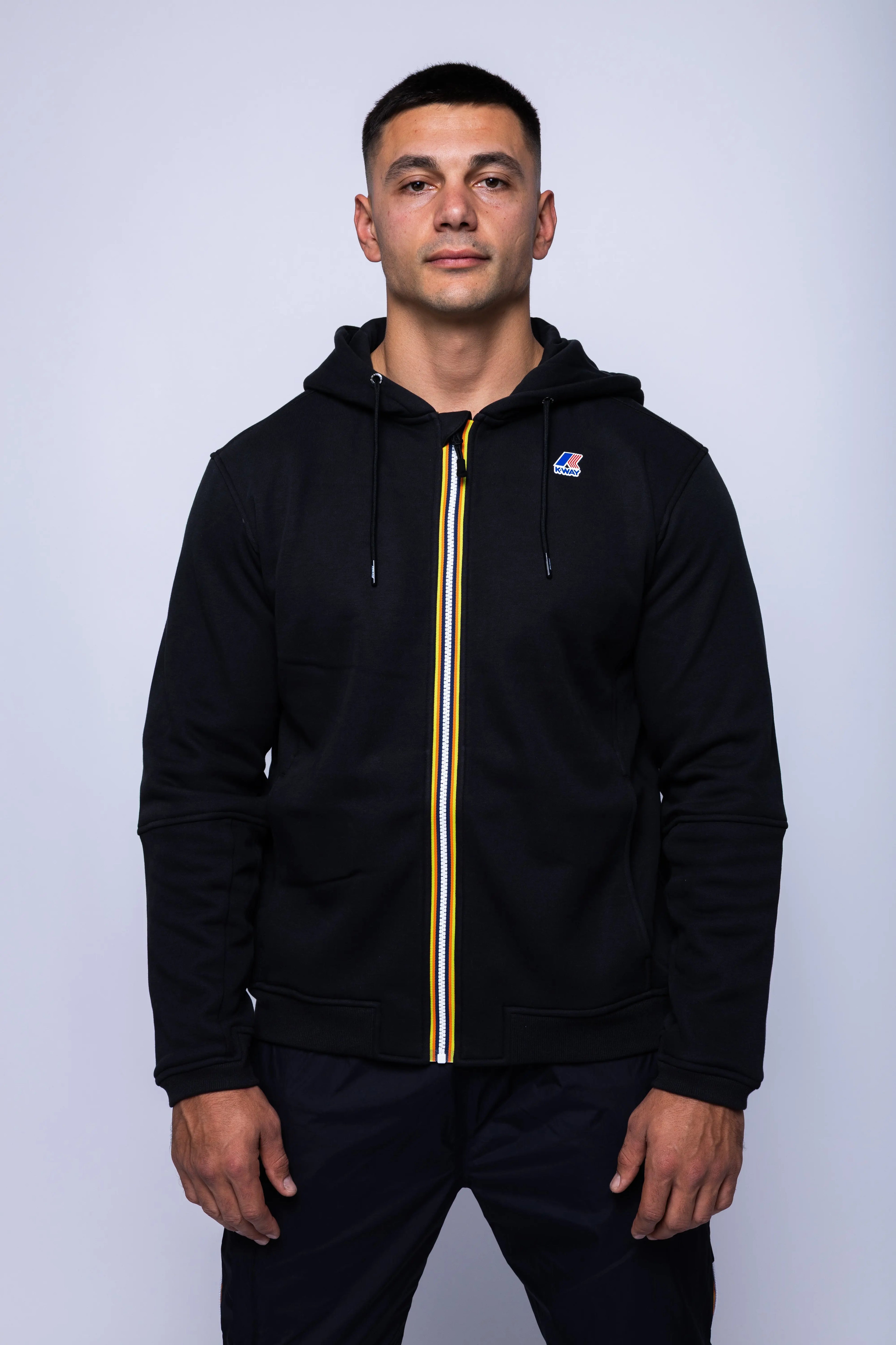 K-Way, Mens Hoodie, Black, Hooded, Full Zip, Long Sleeves, Ribbed Hem and Cuffs, Drawstring Hood, Chest Logo, Side Pockets, Front Portrait. 