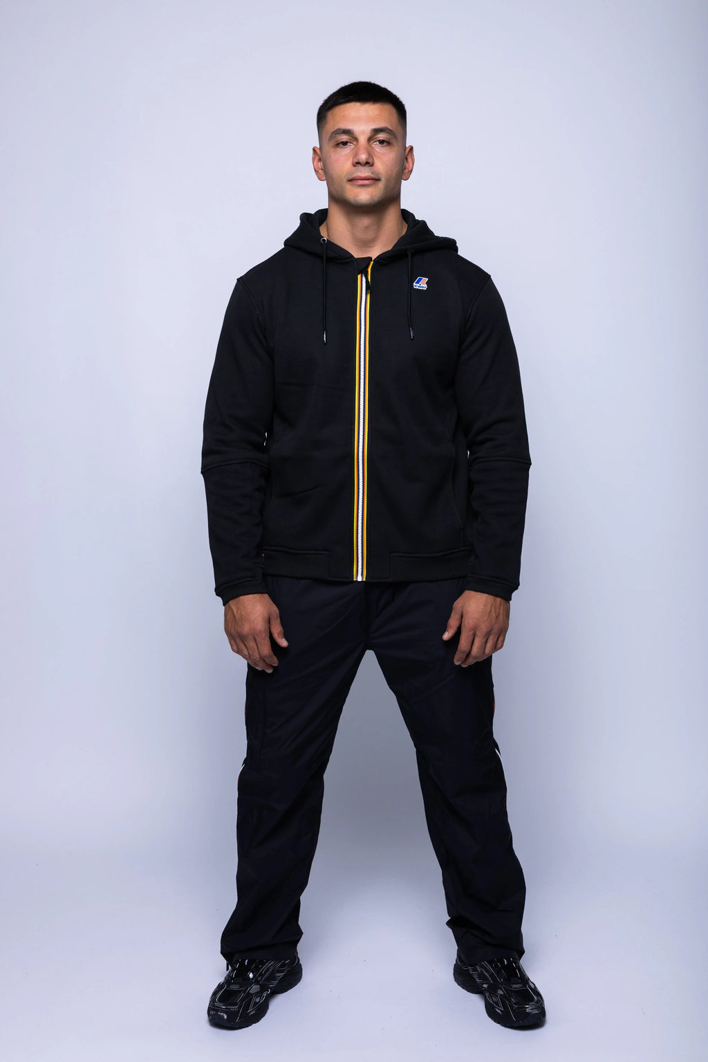 K-Way, Mens Hoodie, Black, Hooded, Full Zip, Long Sleeves, Ribbed Hem and Cuffs, Drawstring Hood, Chest Logo, Side Pockets, Full Body Front View. 