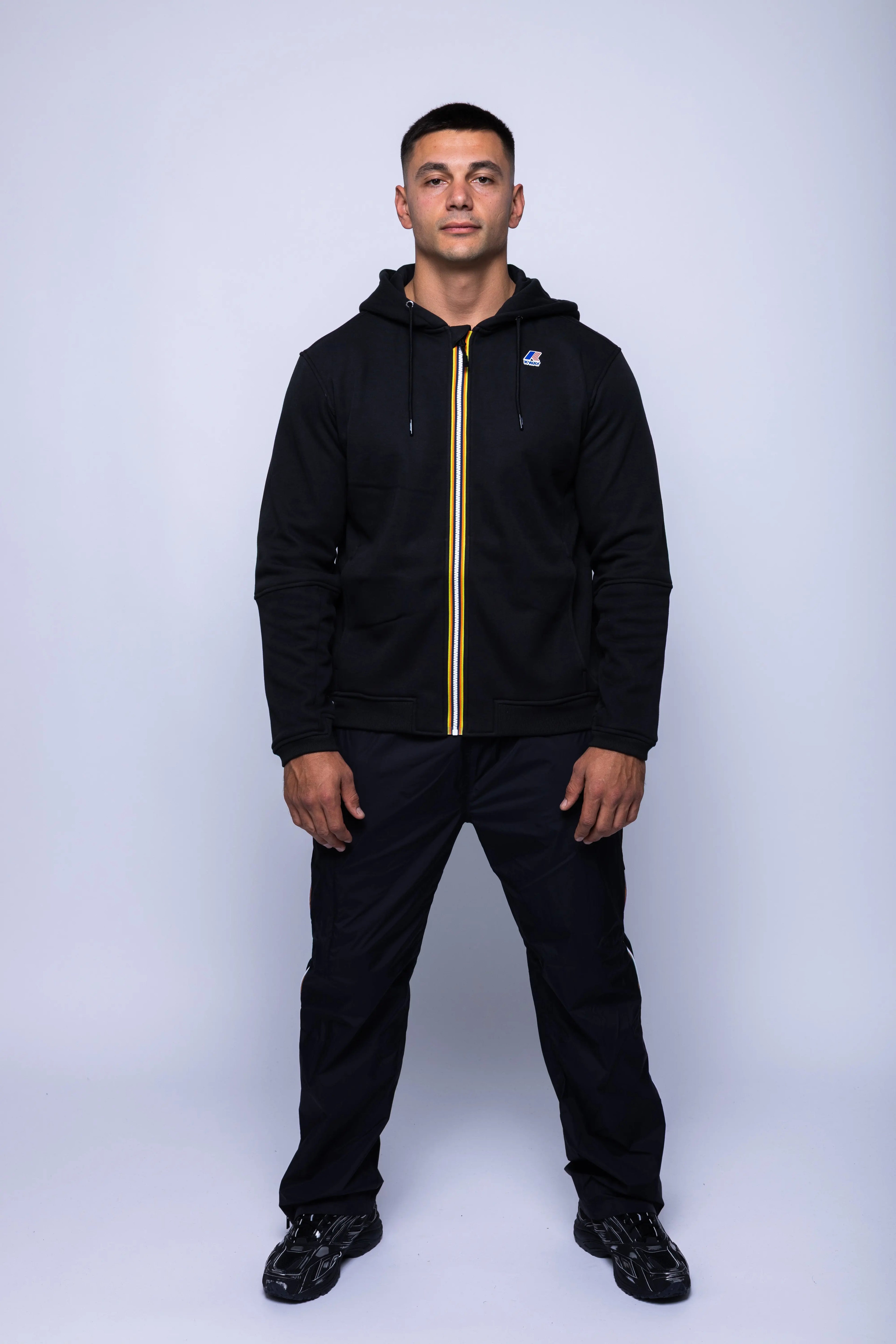 K-Way, Mens Hoodie, Black, Hooded, Full Zip, Long Sleeves, Ribbed Hem and Cuffs, Drawstring Hood, Chest Logo, Side Pockets, Full Body Front View. 