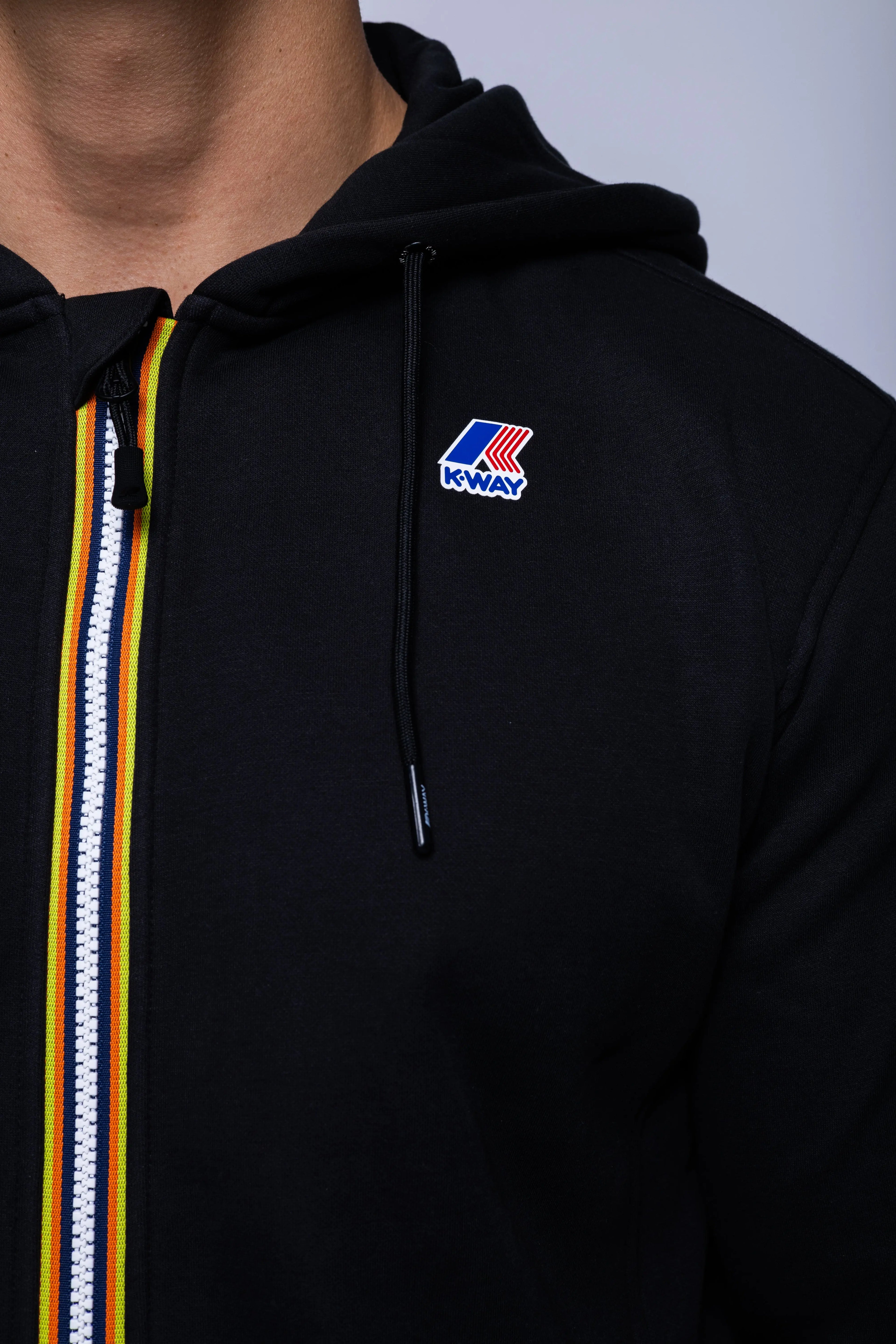 K-Way, Mens Hoodie, Black, Hooded, Full Zip, Long Sleeves, Ribbed Hem and Cuffs, Drawstring Hood, Chest Logo, Side Pockets, Chest Logo Close-up. 