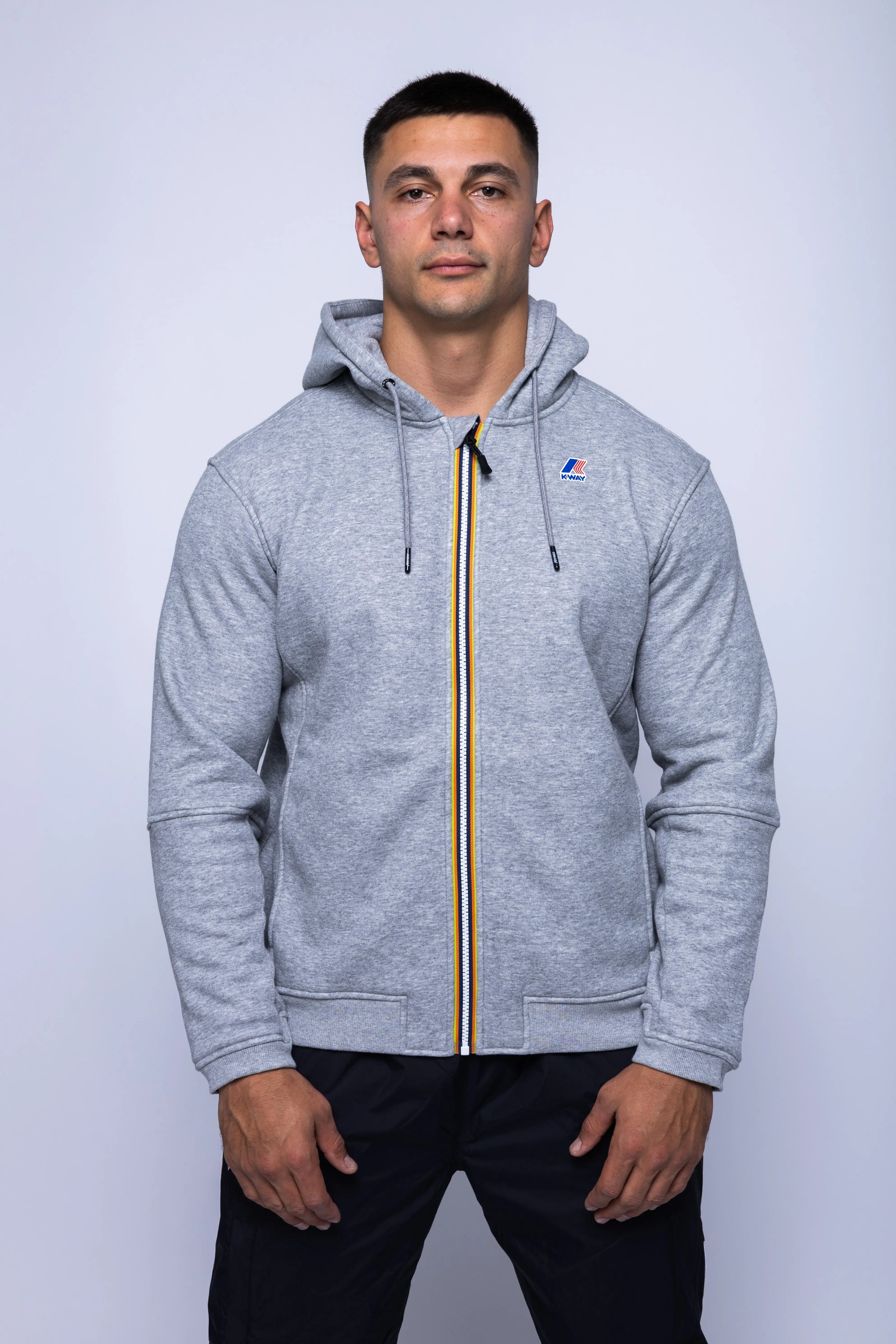 K-Way, Mens Hoodie, Grey Melange, Hooded, Full Zip, Long Sleeves, Ribbed Hem and Cuffs, Drawstring Hood, Chest Logo, Side Pockets, Front Portrait. 