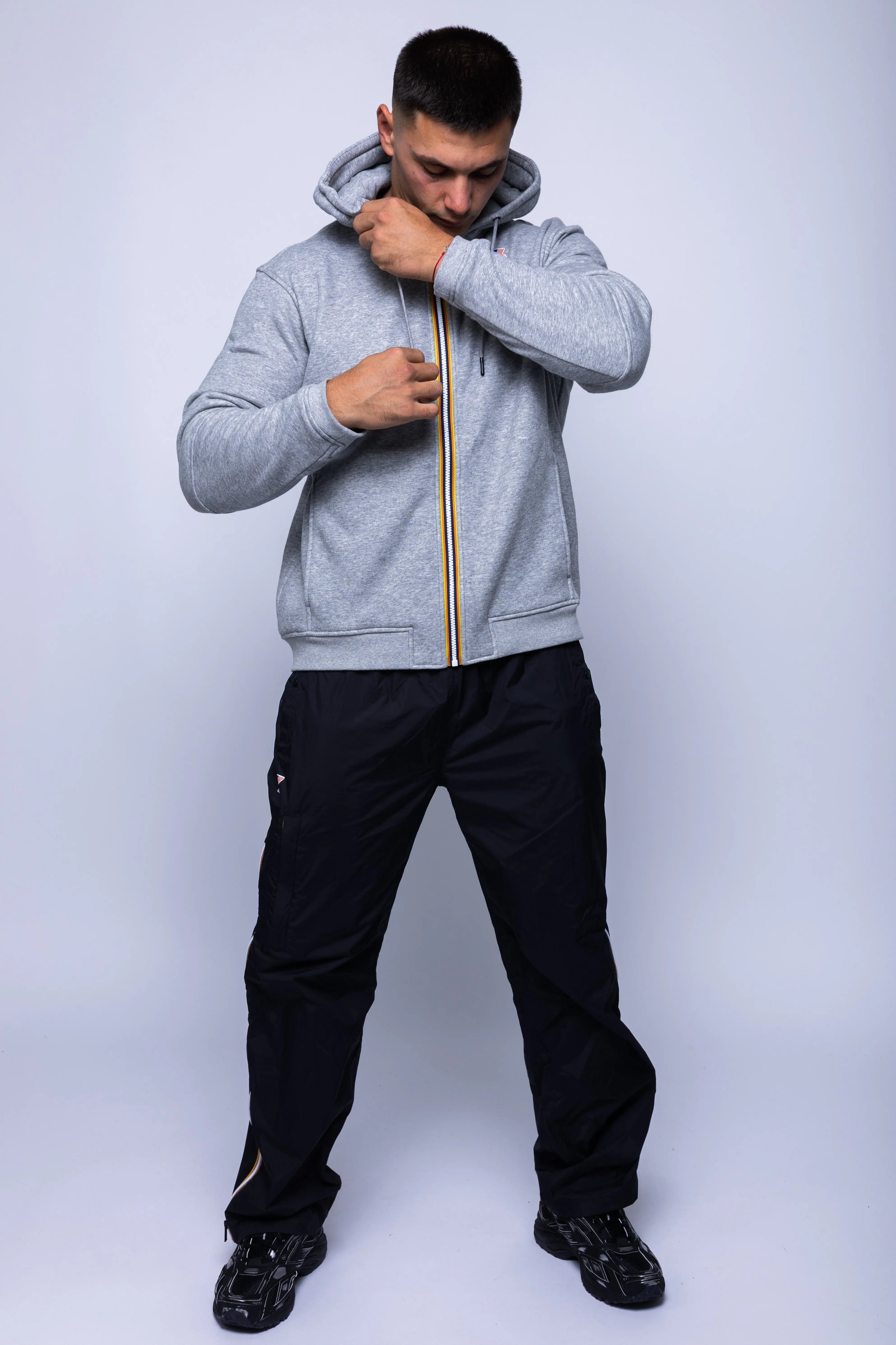 K-Way, Mens Hoodie, Grey Melange, Hooded, Full Zip, Long Sleeves, Ribbed Hem and Cuffs, Drawstring Hood, Chest Logo, Side Pockets, Full Body Front View. 