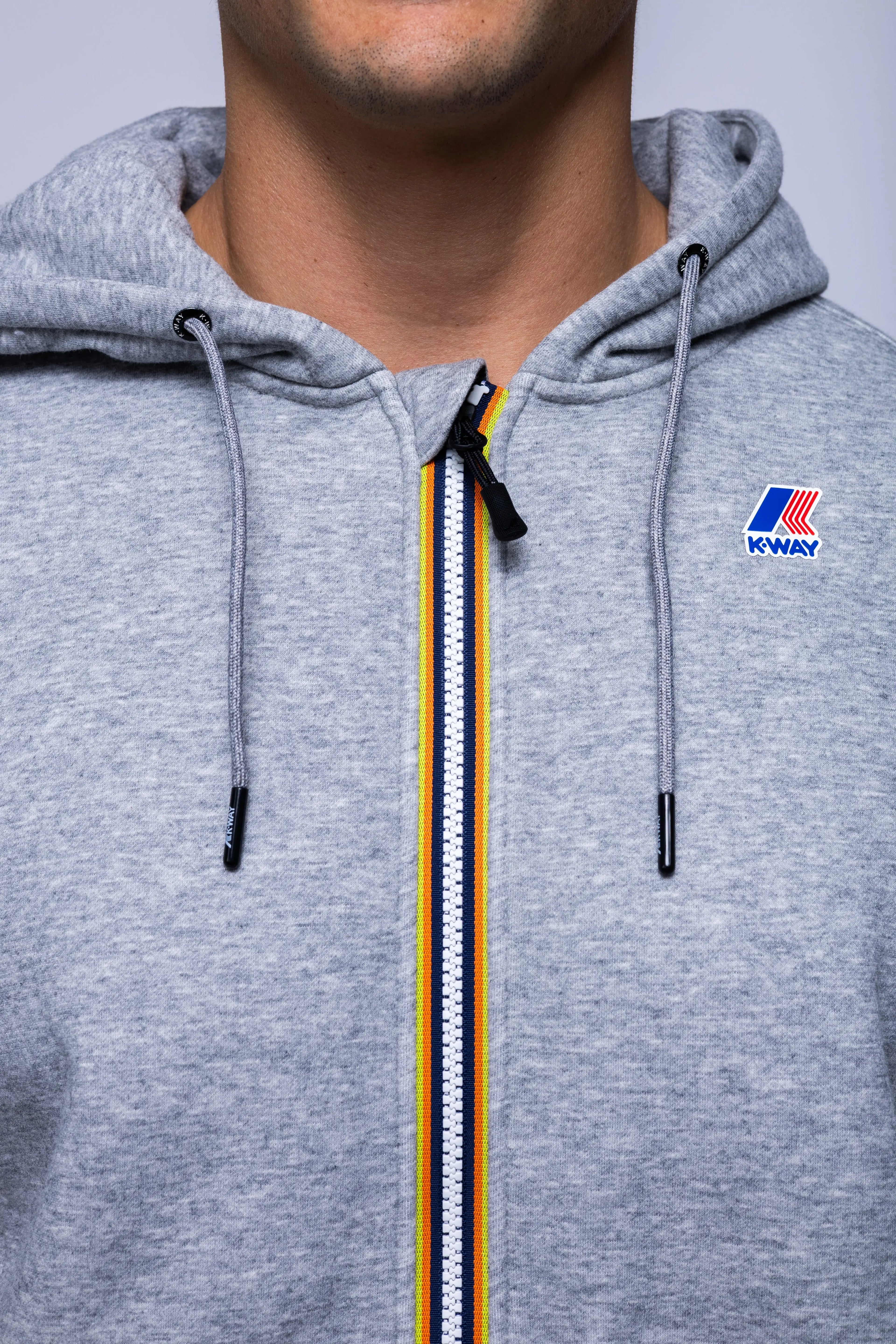 K-Way, Mens Hoodie, Grey Melange, Hooded, Full Zip, Long Sleeves, Ribbed Hem and Cuffs, Drawstring Hood, Chest Logo, Side Pockets, Close-up Front View. 