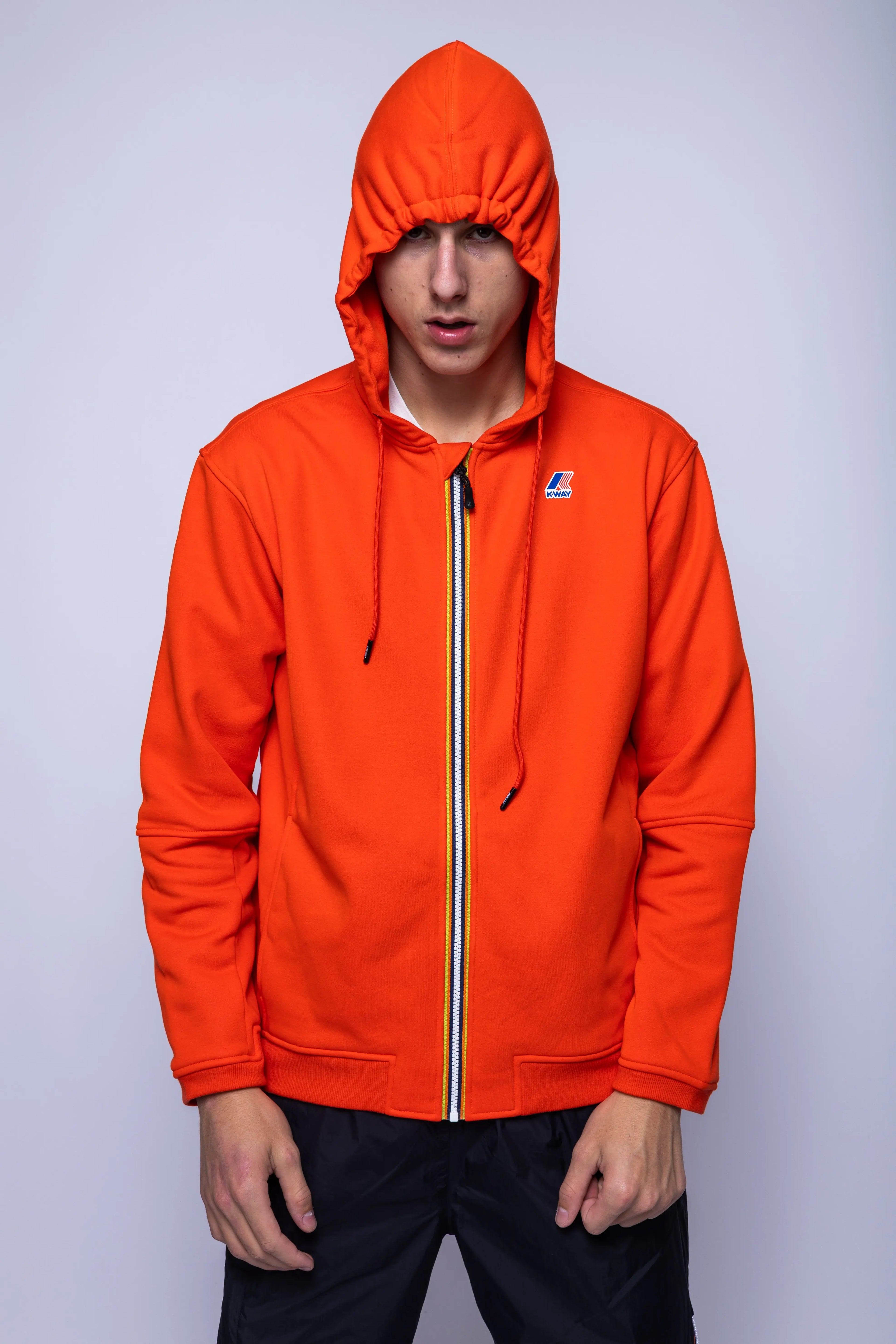 K-Way, Mens Hoodie, Orange, Hooded, Full Zip, Long Sleeves, Ribbed Hem and Cuffs, Drawstring Hood, Chest Logo, Side Pockets, Front Portrait. 