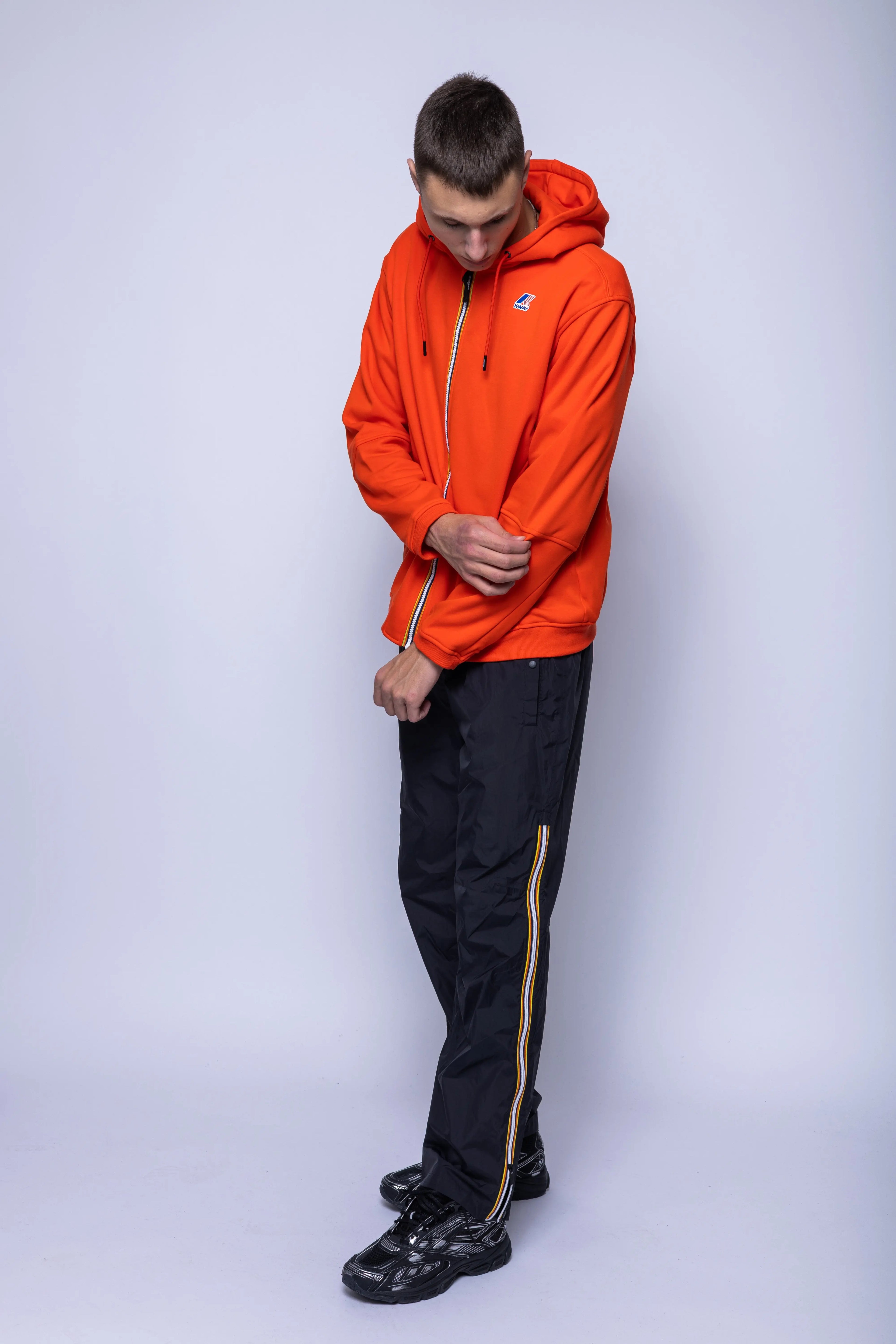 K-Way, Mens Hoodie, Orange, Hooded, Full Zip, Long Sleeves, Ribbed Hem and Cuffs, Drawstring Hood, Chest Logo, Side Pockets, Full Body 3/4 View. 