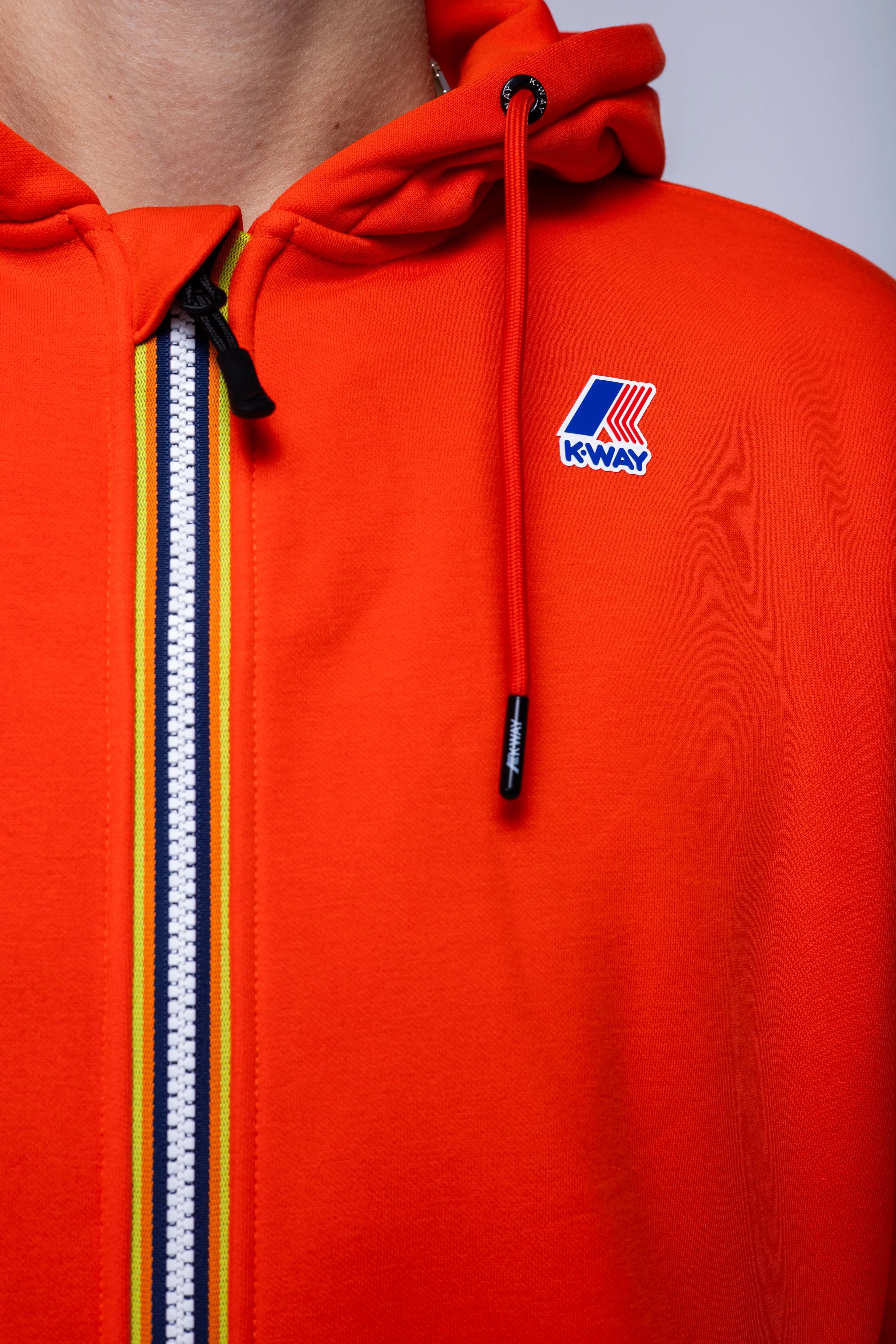 K-Way, Mens Hoodie, Orange, Hooded, Full Zip, Long Sleeves, Ribbed Hem and Cuffs, Drawstring Hood, Chest Logo, Side Pockets, Chest Logo Close-up. 