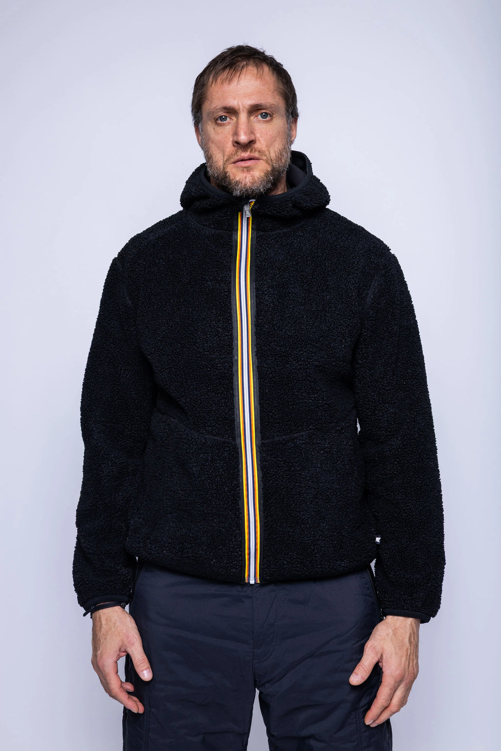 K-Way, Mens Jacket, Black, Polar, Reversible, Double-Faced, Sherpa Quality, Full-Zip, Side Pockets, Long Sleeves, Hooded, Elasticated Cuffs and Hem, Branded Zippers, Front Portrait. 