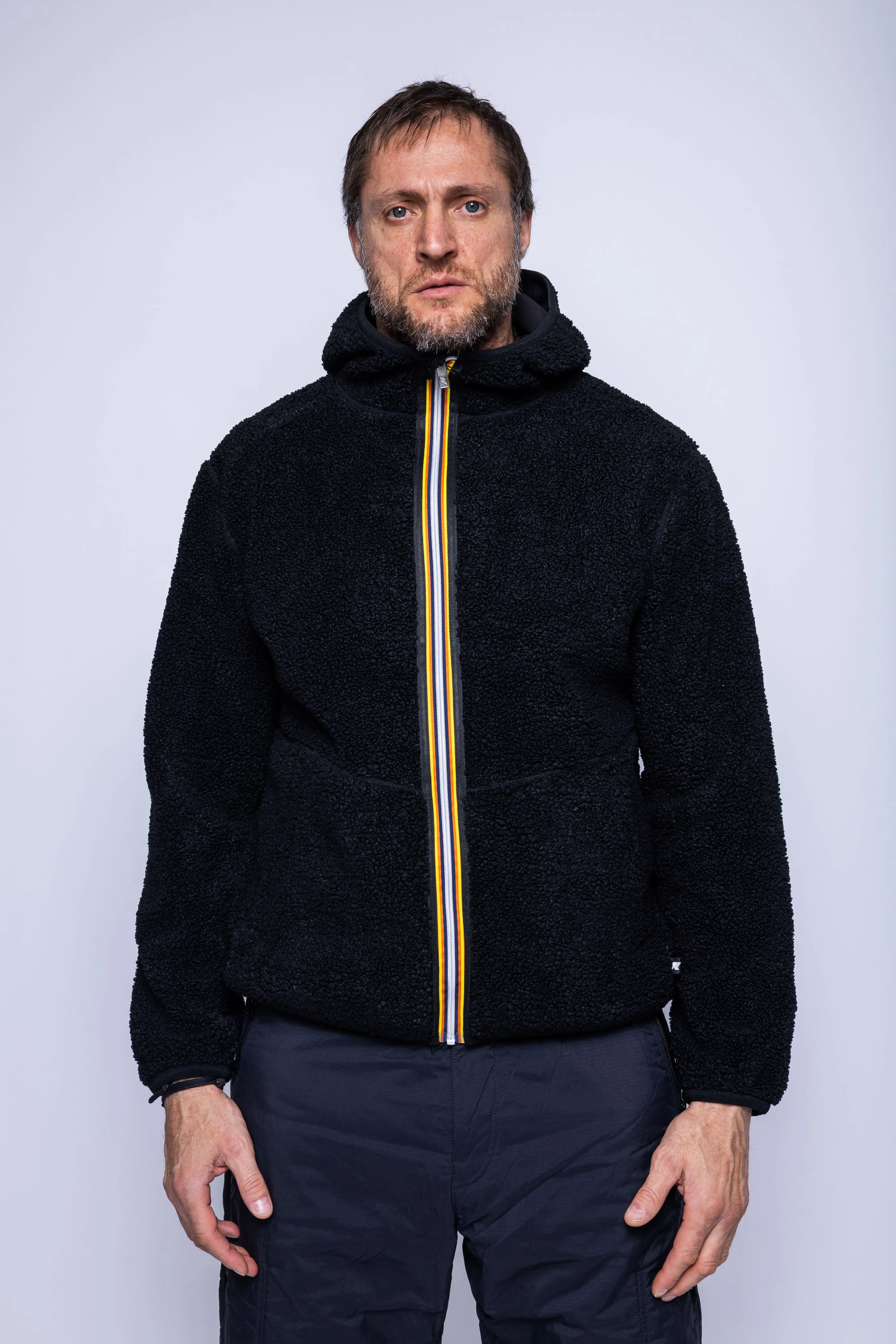 K-Way, Mens Jacket, Black, Polar, Reversible, Double-Faced, Sherpa Quality, Full-Zip, Side Pockets, Long Sleeves, Hooded, Elasticated Cuffs and Hem, Branded Zippers, Front Portrait. 