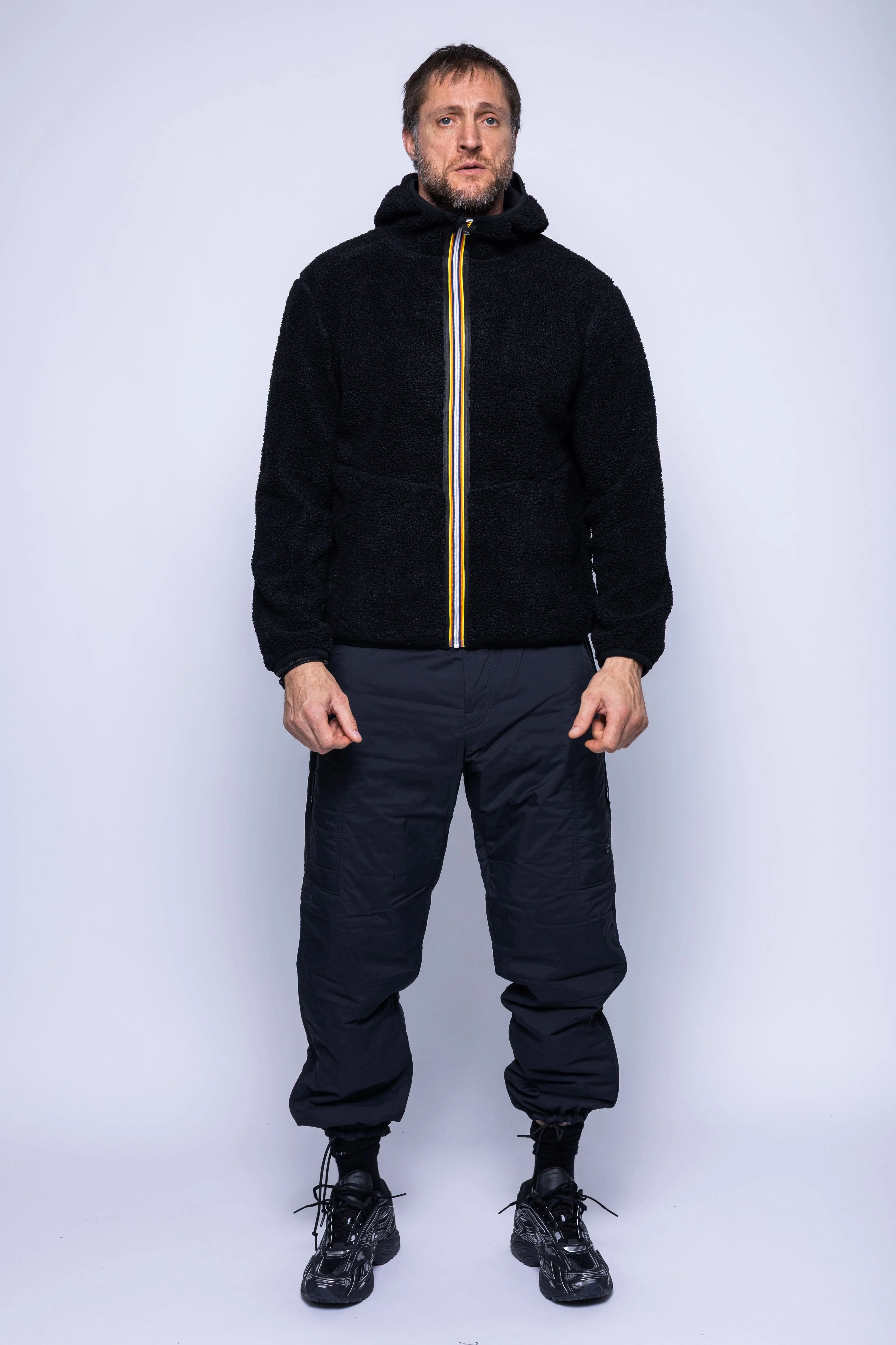 K-Way, Mens Jacket, Black, Polar, Reversible, Double-Faced, Sherpa Quality, Full-Zip, Side Pockets, Long Sleeves, Hooded, Elasticated Cuffs and Hem, Branded Zippers, Full Body Front View. 