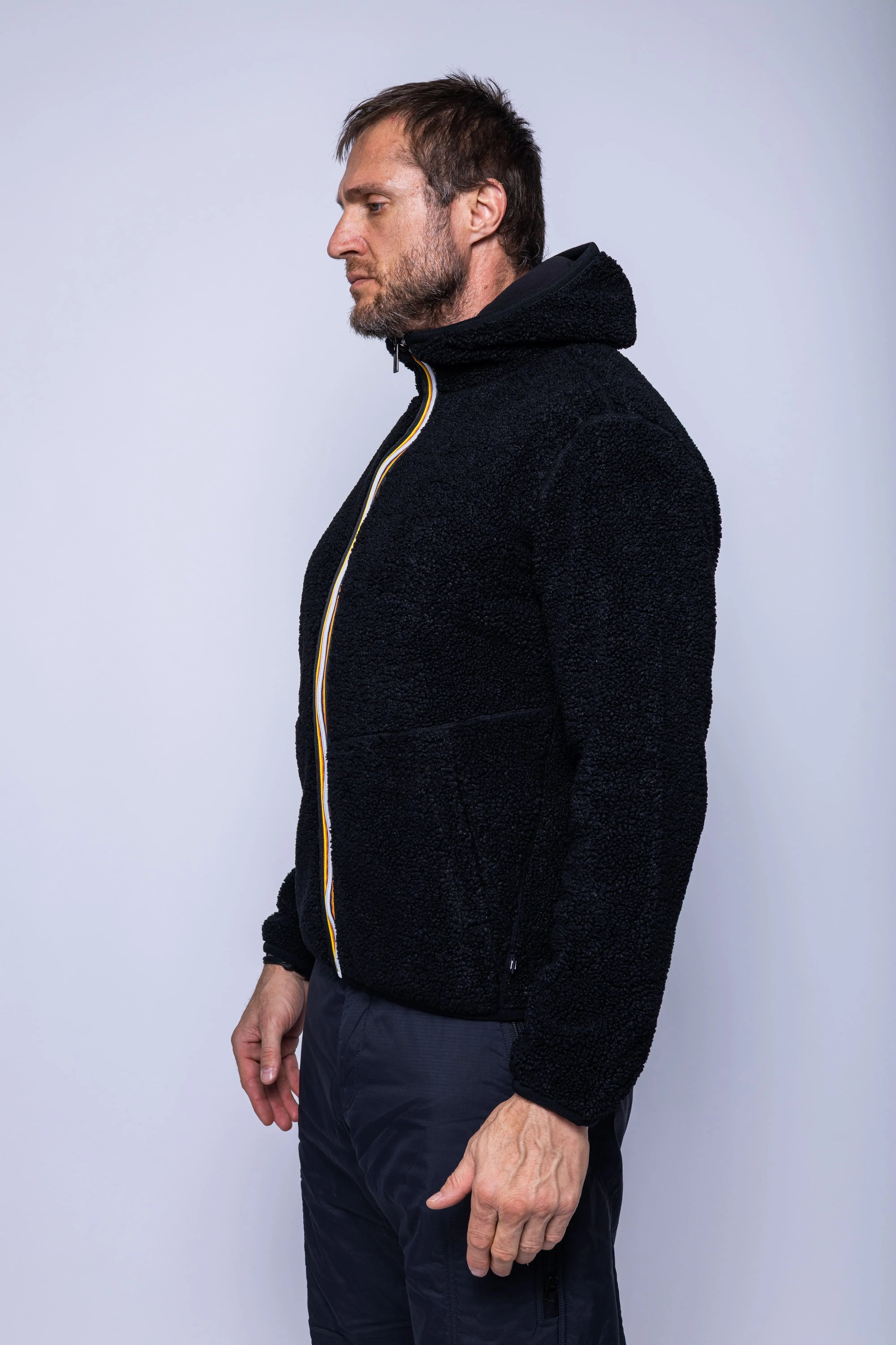 K-Way, Mens Jacket, Black, Polar, Reversible, Double-Faced, Sherpa Quality, Full-Zip, Side Pockets, Long Sleeves, Hooded, Elasticated Cuffs and Hem, Branded Zippers, Portrait Side View. 