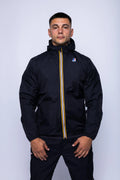 K-Way, Mens Jacket, Black, Unisex, Full-Zip, Chest Logo, Branded Zippers, Long Sleeves, Waterproof 10000 mm water column, Windproof 10000 g/sqm/24h, Heat Taped Seams, Elasticated Cuffs and Hem, Hooded, Drawcord, Front Portrait. 