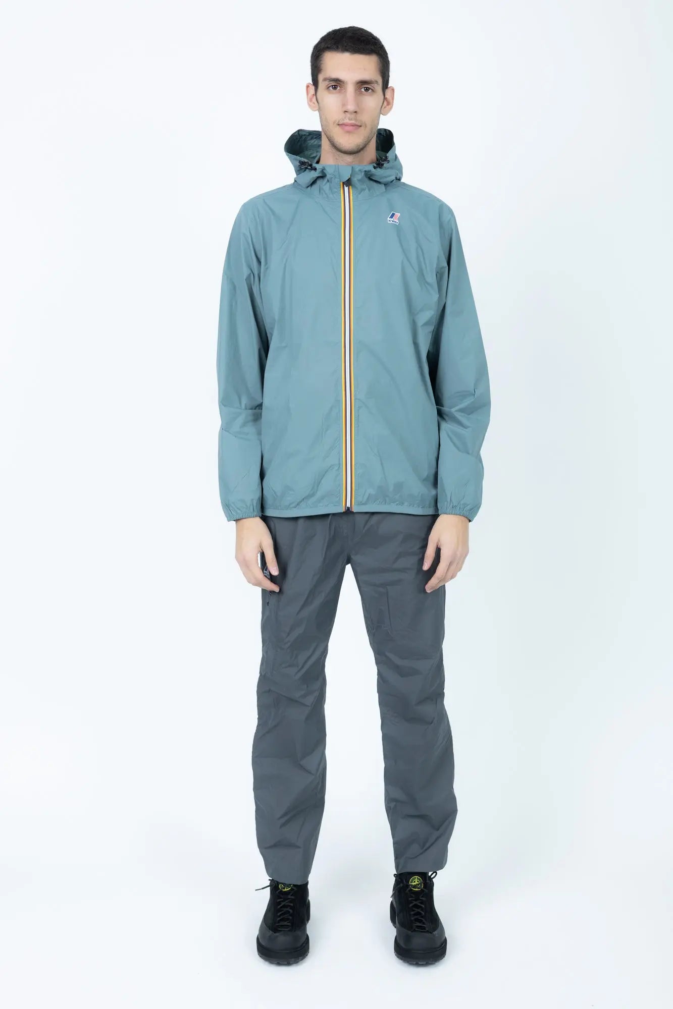 K-Way, Mens Jacket, Green Iron, Petrol Green, Unisex, Full-Zip, Chest Logo, Branded Zippers, Long Sleeves, Waterproof 10000 mm water column, Windproof 10000 g/sqm/24h, Heat Taped Seams, Elasticated Cuffs and Hem, Hooded, Drawcord, Full Body Front View. 