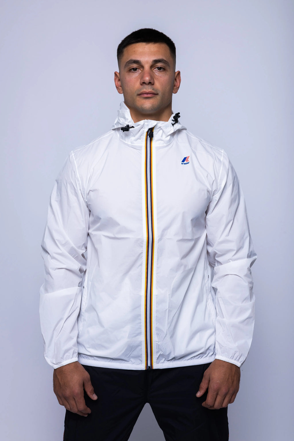 K-Way, Mens Jacket, White, Unisex, Full-Zip, Chest Logo, Branded Zippers, Long Sleeves, Waterproof 10000 mm water column, Windproof 10000 g/sqm/24h, Heat Taped Seams, Elasticated Cuffs and Hem, Hooded, Drawcord, Front Portrait. 