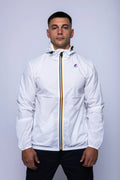 K-Way, Mens Jacket, White, Unisex, Full-Zip, Chest Logo, Branded Zippers, Long Sleeves, Waterproof 10000 mm water column, Windproof 10000 g/sqm/24h, Heat Taped Seams, Elasticated Cuffs and Hem, Hooded, Drawcord, Front Portrait. 