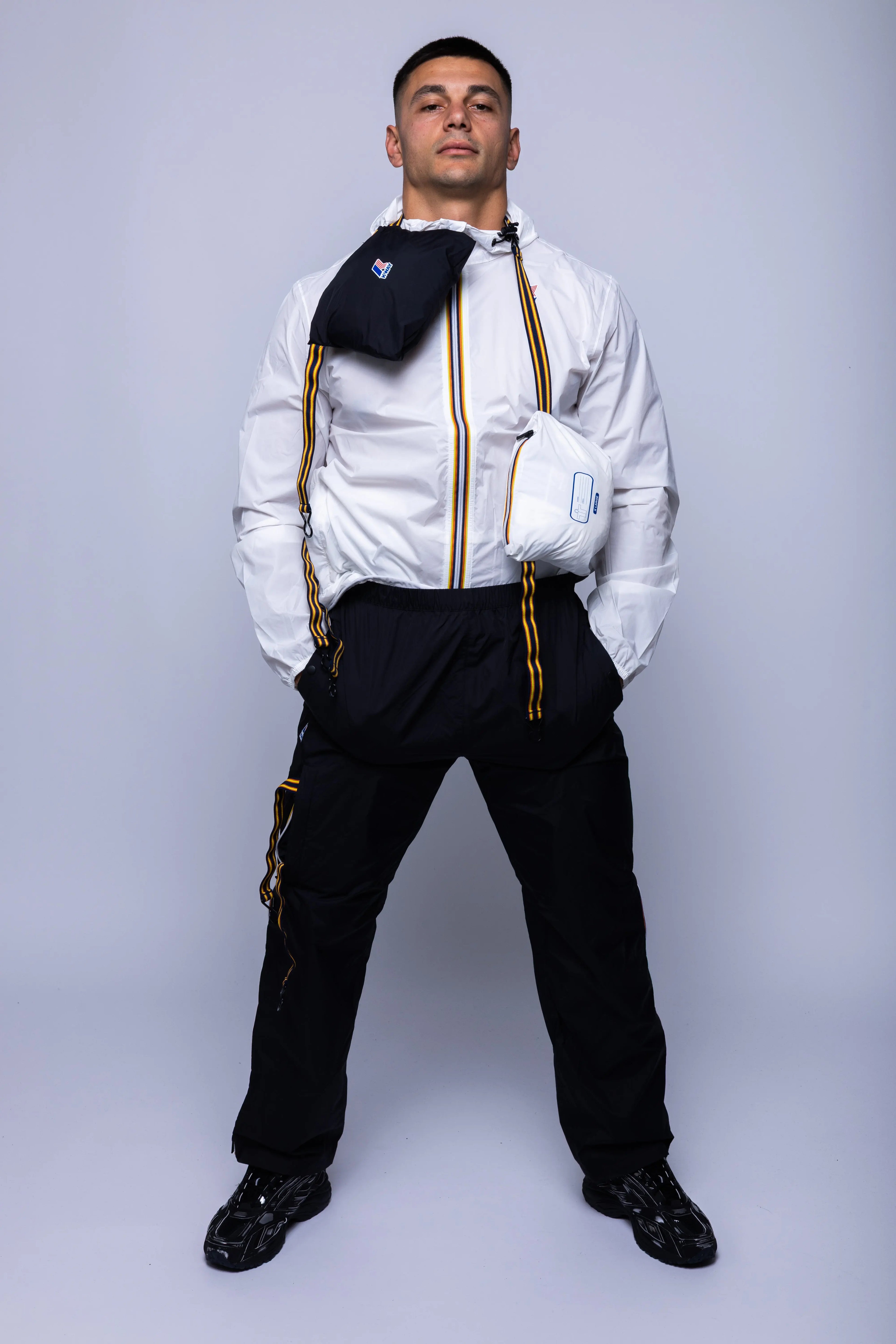 K-Way, Mens Jacket, White, Unisex, Full-Zip, Chest Logo, Branded Zippers, Long Sleeves, Waterproof 10000 mm water column, Windproof 10000 g/sqm/24h, Heat Taped Seams, Elasticated Cuffs and Hem, Hooded, Drawcord, Full Body Front View. 