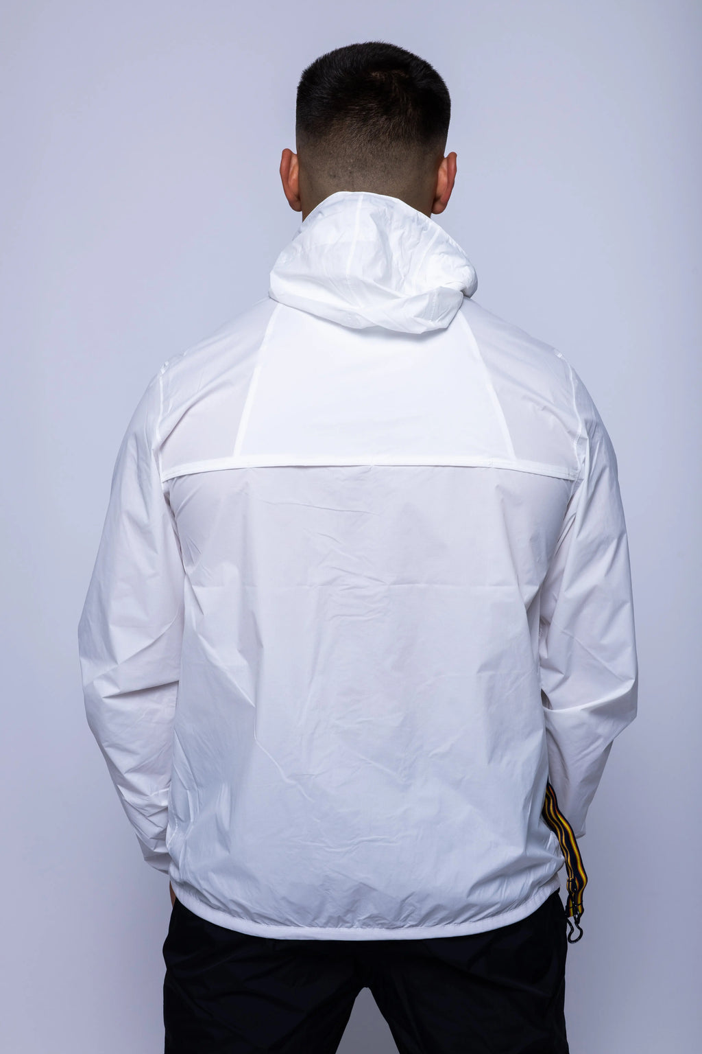 K-Way, Mens Jacket, White, Unisex, Full-Zip, Chest Logo, Branded Zippers, Long Sleeves, Waterproof 10000 mm water column, Windproof 10000 g/sqm/24h, Heat Taped Seams, Elasticated Cuffs and Hem, Hooded, Drawcord, Back Portrait. 