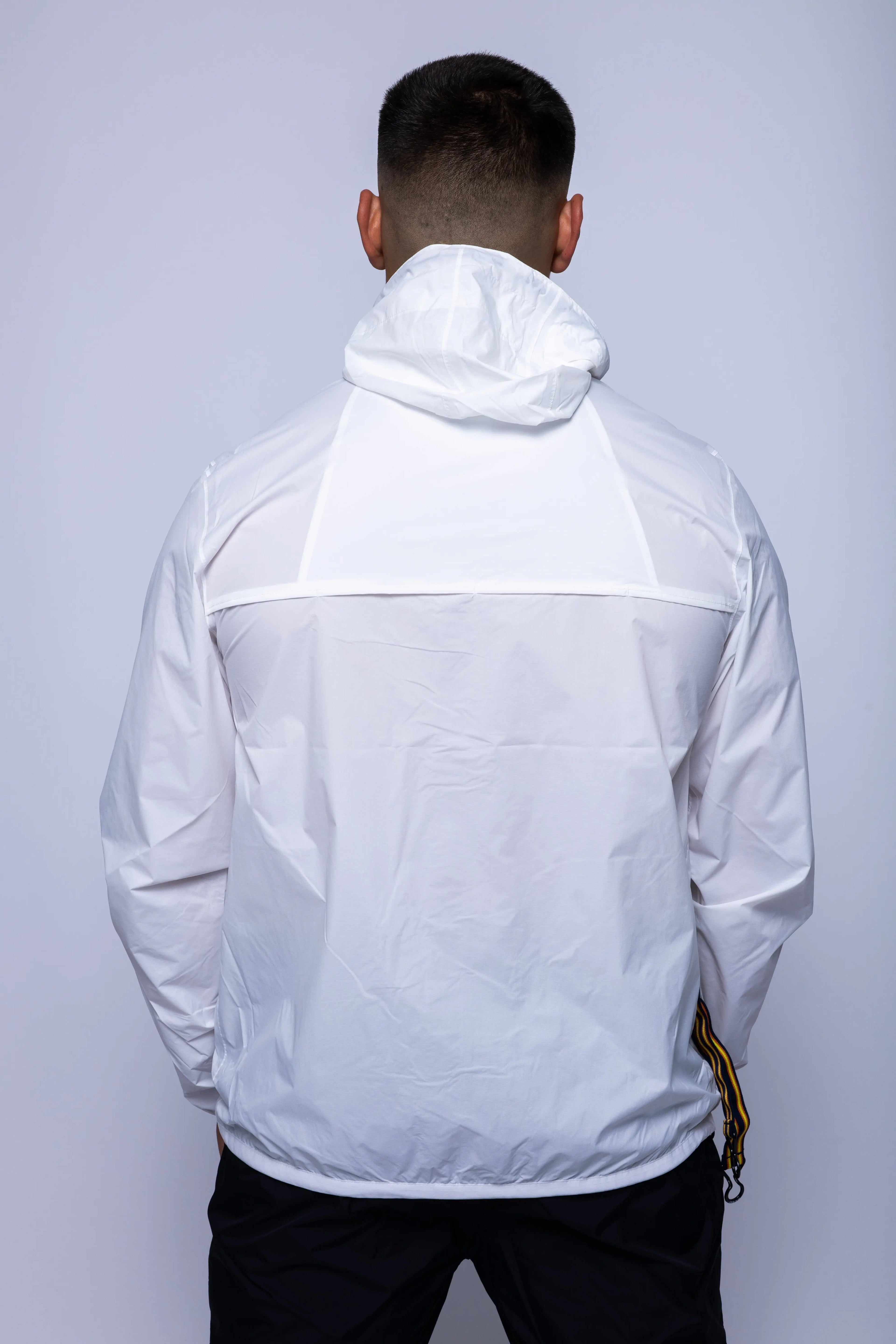 K-Way, Mens Jacket, White, Unisex, Full-Zip, Chest Logo, Branded Zippers, Long Sleeves, Waterproof 10000 mm water column, Windproof 10000 g/sqm/24h, Heat Taped Seams, Elasticated Cuffs and Hem, Hooded, Drawcord, Back Portrait. 