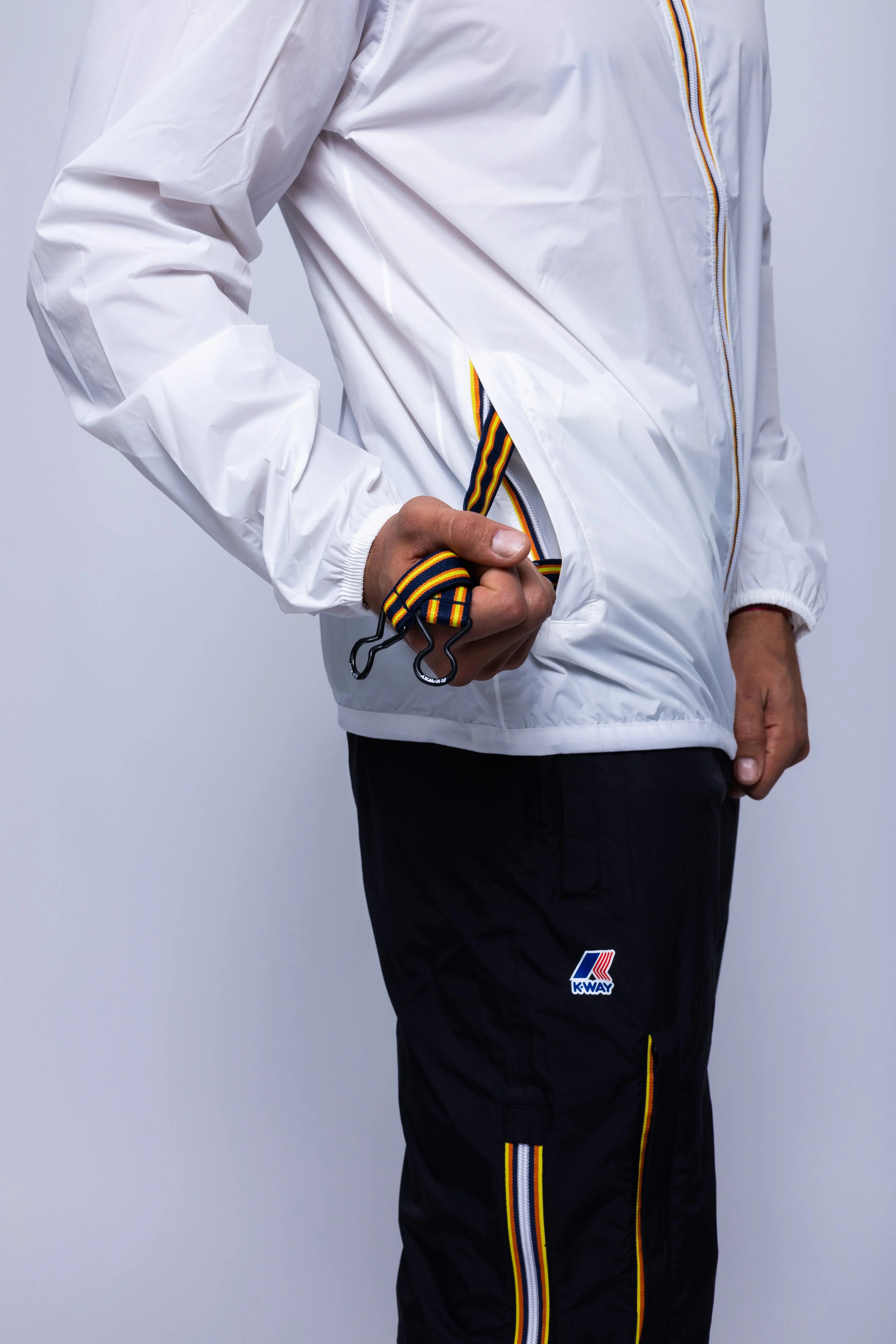 K-Way, Mens Jacket, White, Unisex, Full-Zip, Chest Logo, Branded Zippers, Long Sleeves, Waterproof 10000 mm water column, Windproof 10000 g/sqm/24h, Heat Taped Seams, Elasticated Cuffs and Hem, Hooded, Drawcord, Packable Straps Showcase. 