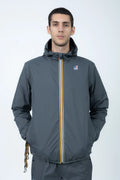K-Way, Mens Jacket, Grey Shadow DK, Full-Zip, Hooded, Side Pockets, Branded Zippers, Packable, Unisex, Long Sleeves, Waterproof 10000 mm water column, Windproof, Breathable, Water-Repellent, Elasticated Cuffs and Hem, Breathability: 10000 g/sqm/24h, Front Portrait. 