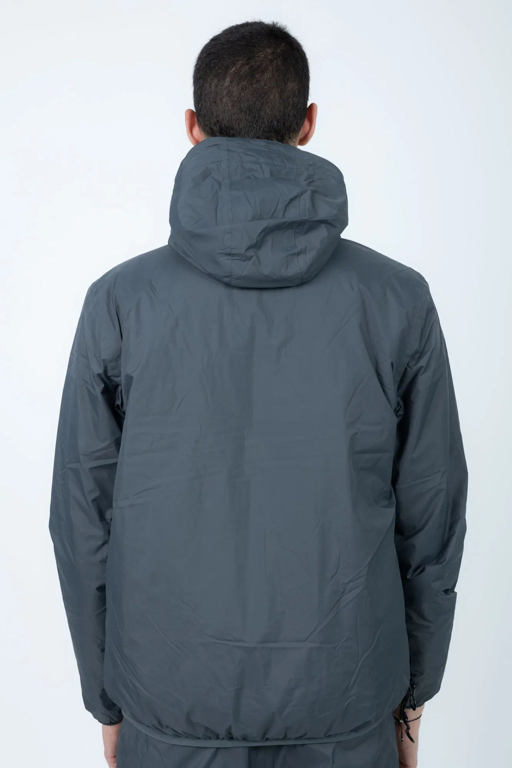 K-Way, Mens Jacket, Grey Shadow DK, Full-Zip, Hooded, Side Pockets, Branded Zippers, Packable, Unisex, Long Sleeves, Waterproof 10000 mm water column, Windproof, Breathable, Water-Repellent, Elasticated Cuffs and Hem, Breathability: 10000 g/sqm/24h, Back Portrait. 