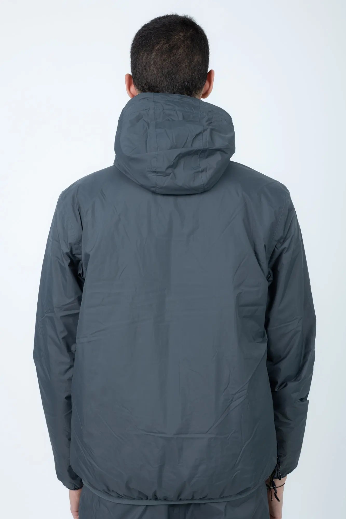 K-Way, Mens Jacket, Grey Shadow DK, Full-Zip, Hooded, Side Pockets, Branded Zippers, Packable, Unisex, Long Sleeves, Waterproof 10000 mm water column, Windproof, Breathable, Water-Repellent, Elasticated Cuffs and Hem, Breathability: 10000 g/sqm/24h, Back Portrait. 