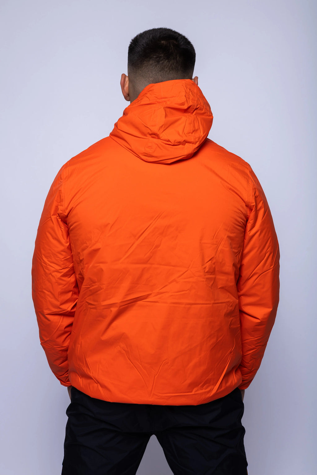 K-Way, Mens Jacket, Orange Fiesta, Full-Zip, Hooded, Side Pockets, Branded Zippers, Packable, Unisex, Long Sleeves, Waterproof 10000 mm water column, Windproof, Breathable, Water-Repellent, Elasticated Cuffs and Hem, Breathability: 10000 g/sqm/24h, Back Portrait. 