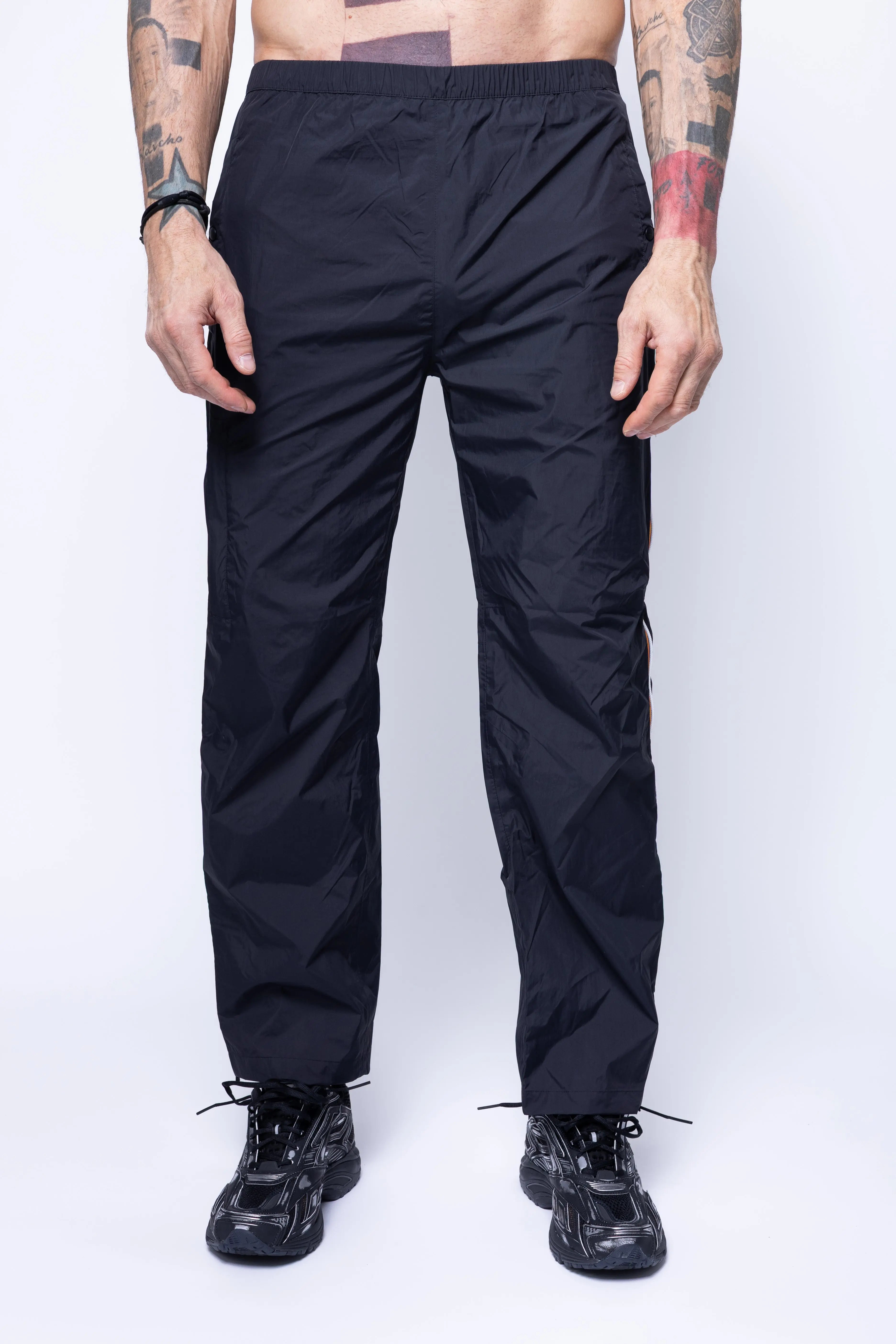 K-Way, Mens Pants, Black, Packable, Elasticated Waistband, Side Pockets, Back Pockets, Waterproof, Windproof, Breathable, Front Portrait. 