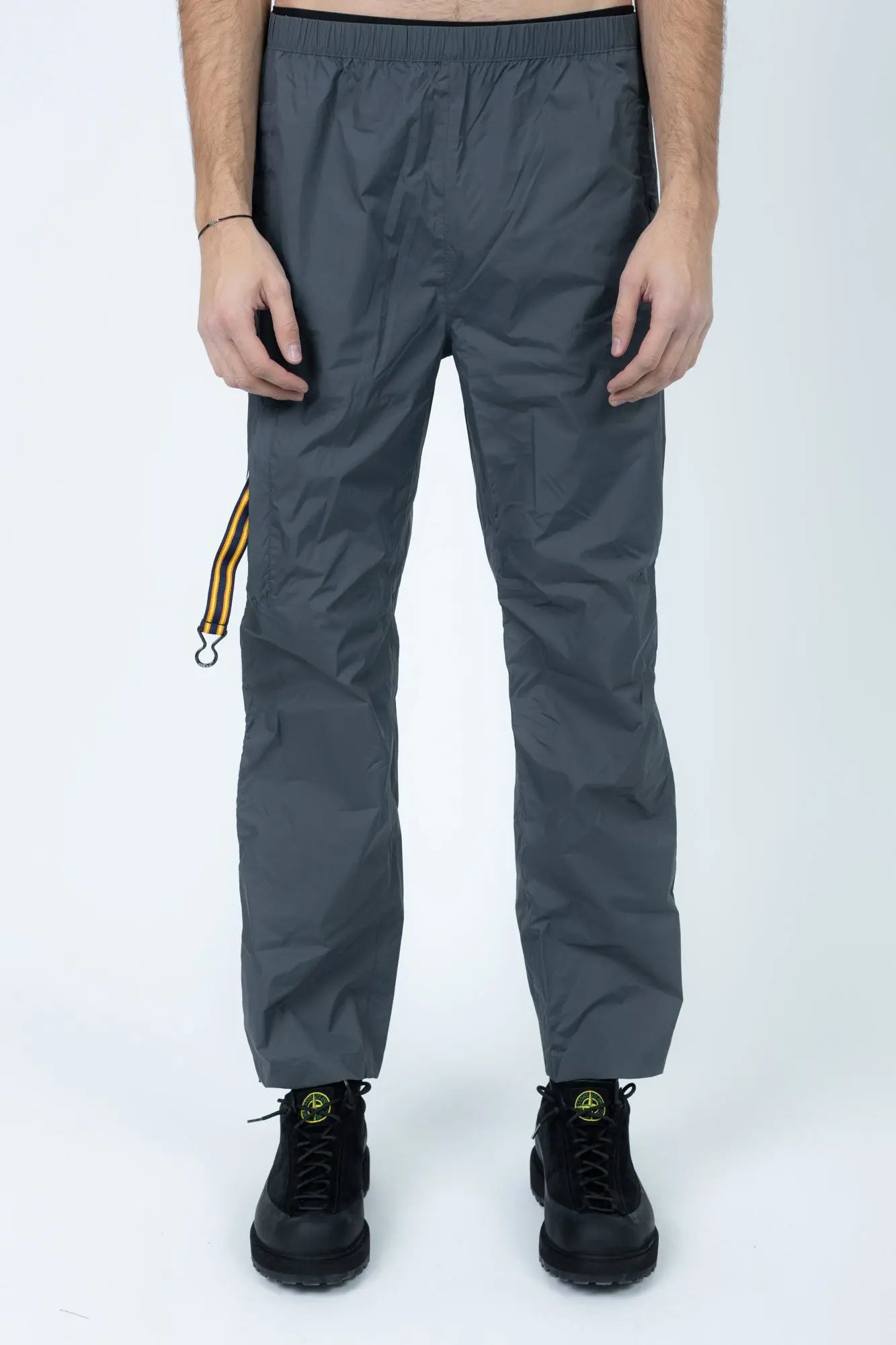 K-Way, Mens Pants, Grey, Packable, Elasticated Waistband, Side Pockets, Back Pockets, Waterproof, Windproof, Breathable, Front Portrait. 