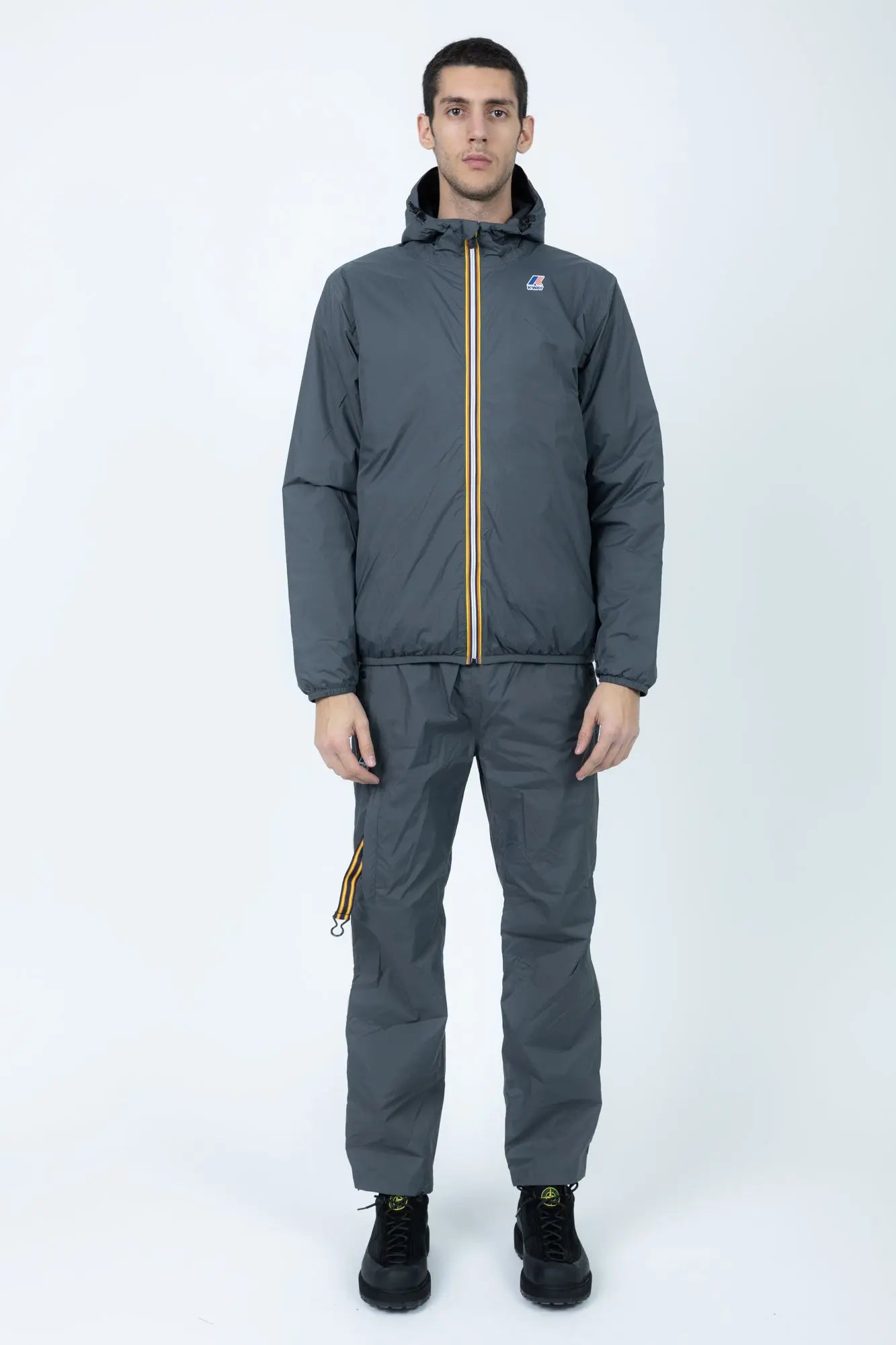 K-Way, Mens Pants, Grey, Packable, Elasticated Waistband, Side Pockets, Back Pockets, Waterproof, Windproof, Breathable, Full Body Front View. 