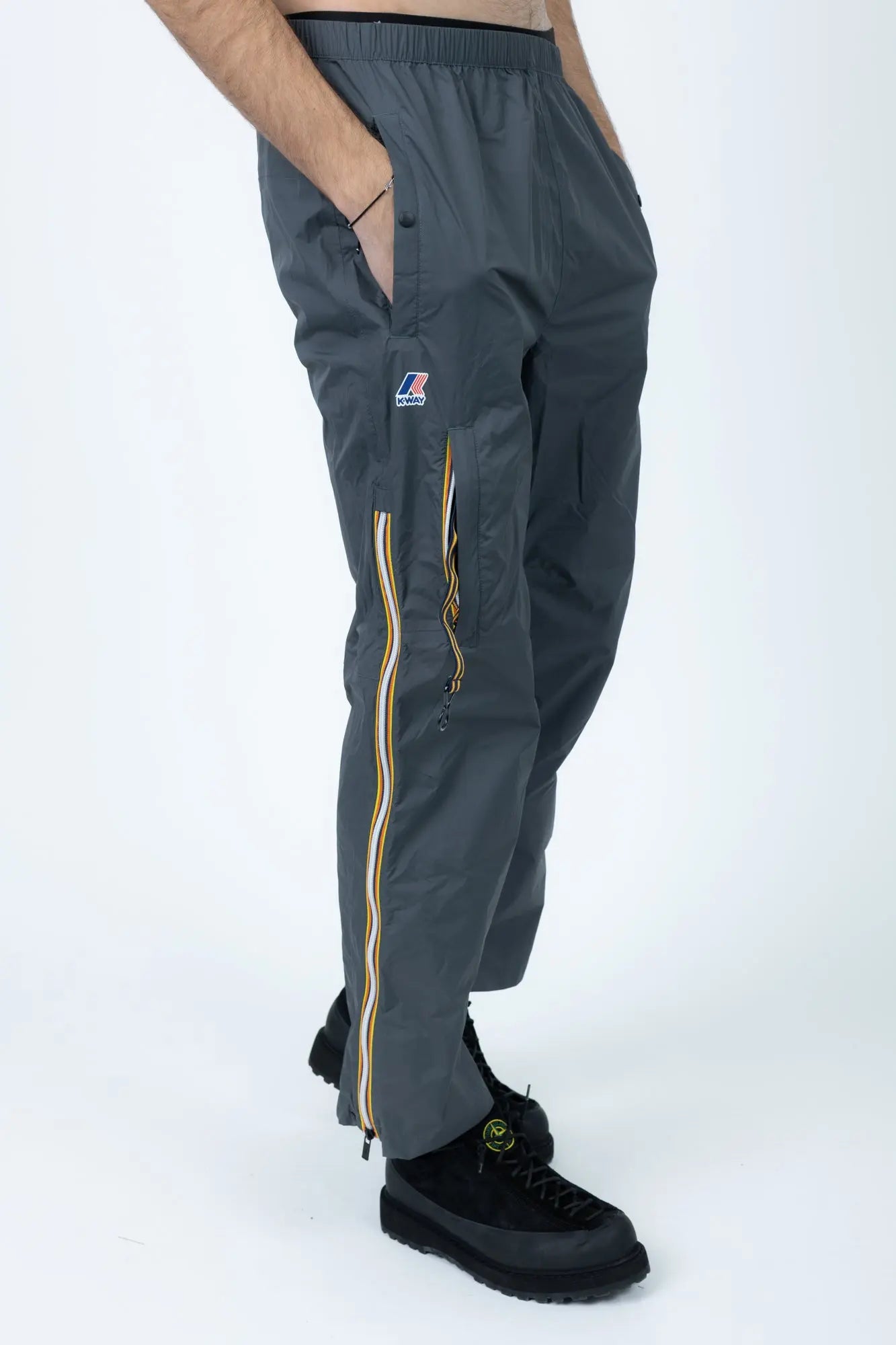K-Way, Mens Pants, Grey, Packable, Elasticated Waistband, Side Pockets, Back Pockets, Waterproof, Windproof, Breathable, Front 3/4 Portrait. 