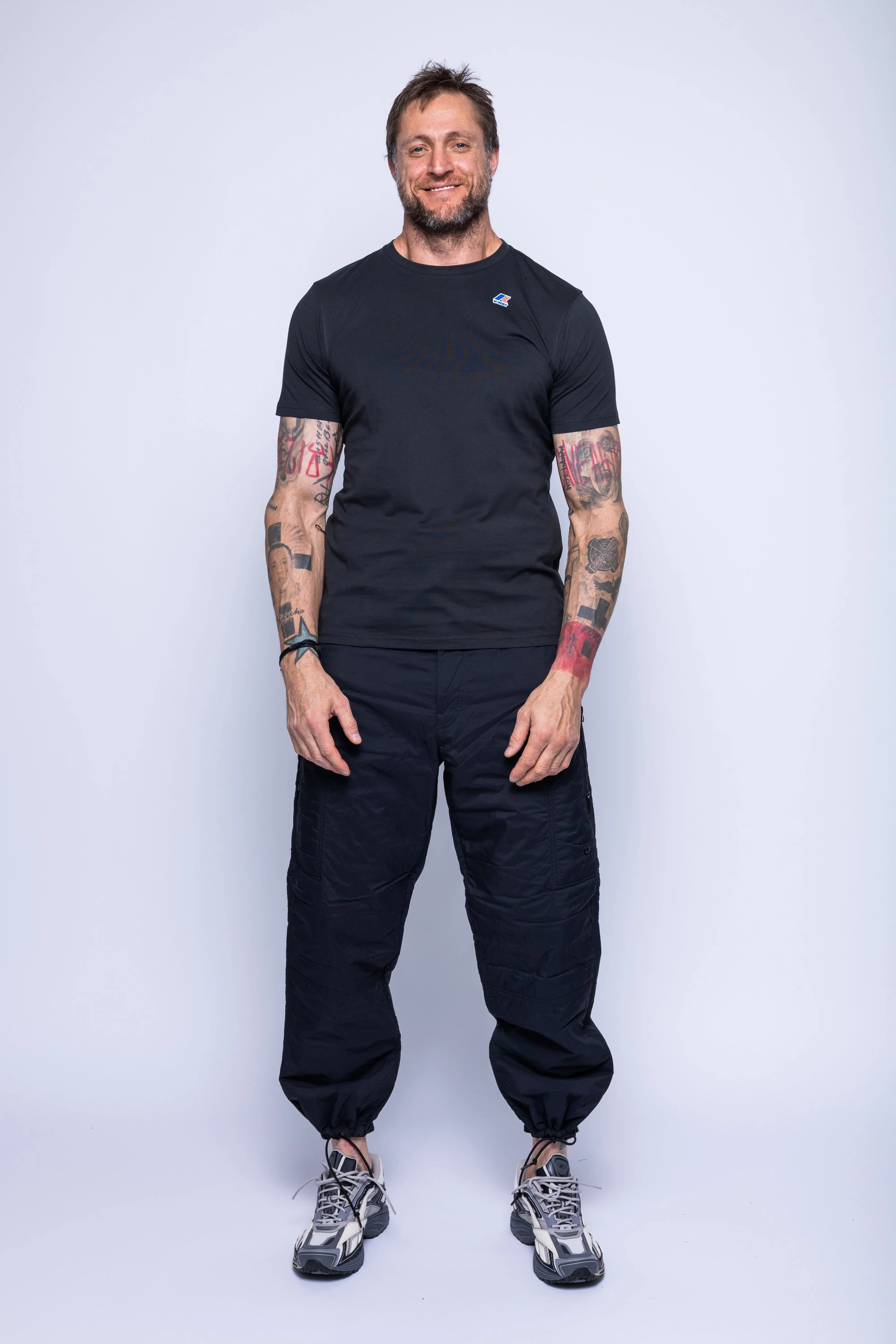 K-Way, Mens T-Shirt, Black, Cotton Jersey, 100% Cotton, Packable, Unisex, Short Sleeves, Zip Bag, Chest Logo, Full Body Front View. 