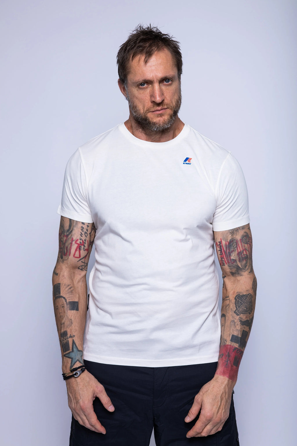 K-Way, Mens T-Shirt, White, Cotton Jersey, 100% Cotton, Packable, Unisex, Short Sleeves, Zip Bag, Chest Logo, Front Portrait. 