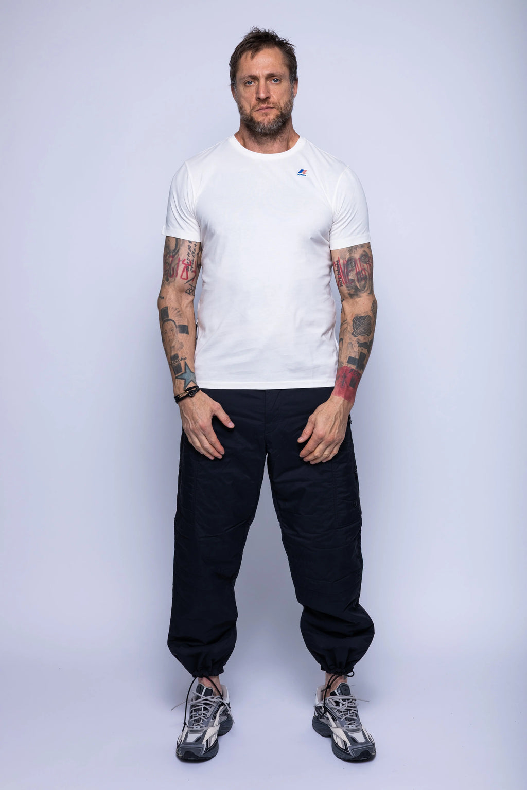 K-Way, Mens T-Shirt, White, Cotton Jersey, 100% Cotton, Packable, Unisex, Short Sleeves, Zip Bag, Chest Logo, Full Body Front View. 