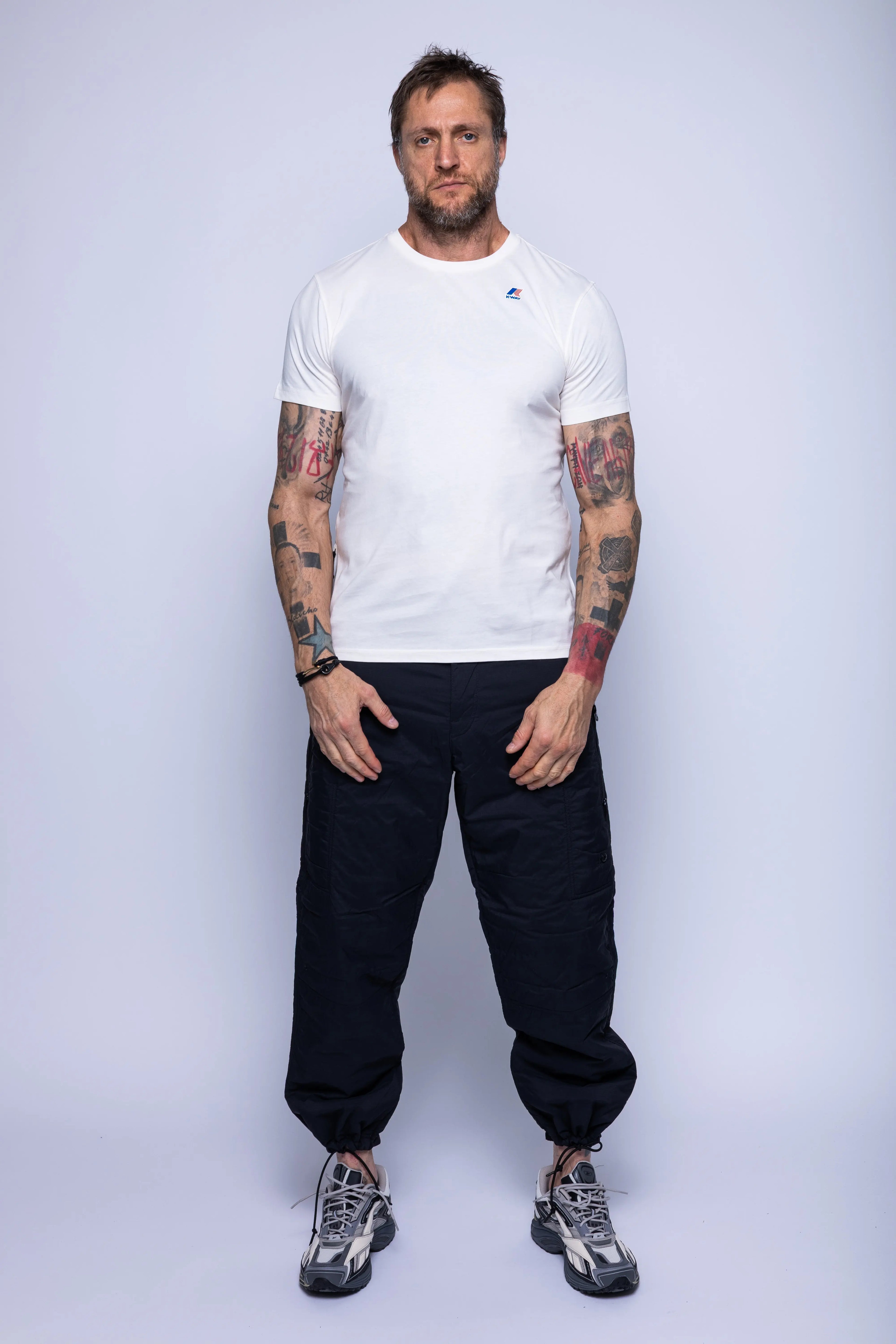 K-Way, Mens T-Shirt, White, Cotton Jersey, 100% Cotton, Packable, Unisex, Short Sleeves, Zip Bag, Chest Logo, Full Body Front View. 
