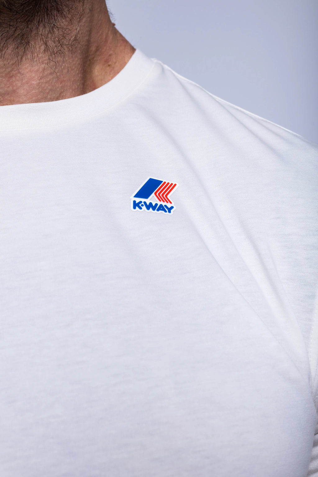 K-Way, Mens T-Shirt, White, Cotton Jersey, 100% Cotton, Packable, Unisex, Short Sleeves, Zip Bag, Chest Logo, Chest Logo Close-up. 