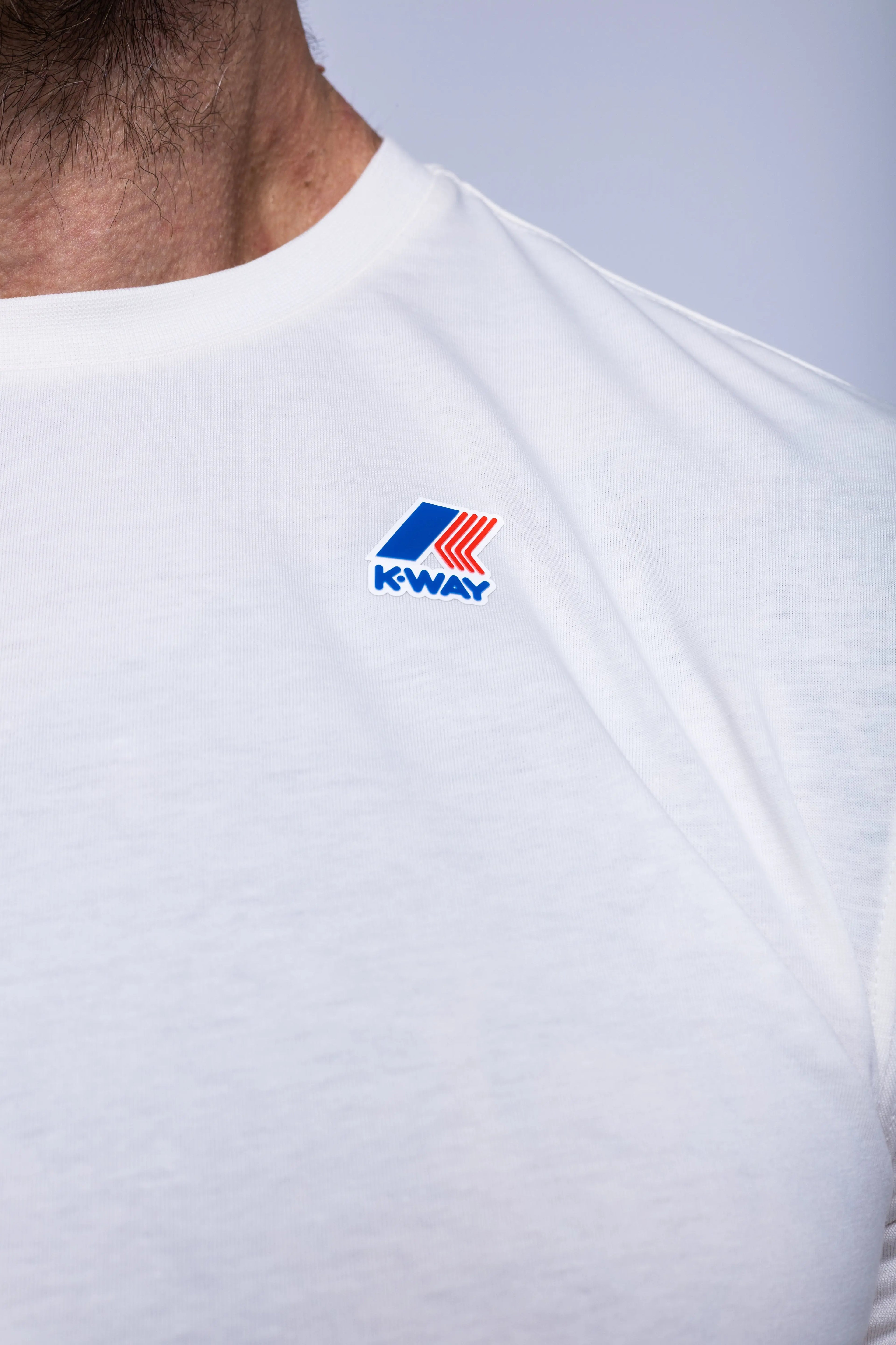 K-Way, Mens T-Shirt, White, Cotton Jersey, 100% Cotton, Packable, Unisex, Short Sleeves, Zip Bag, Chest Logo, Chest Logo Close-up. 