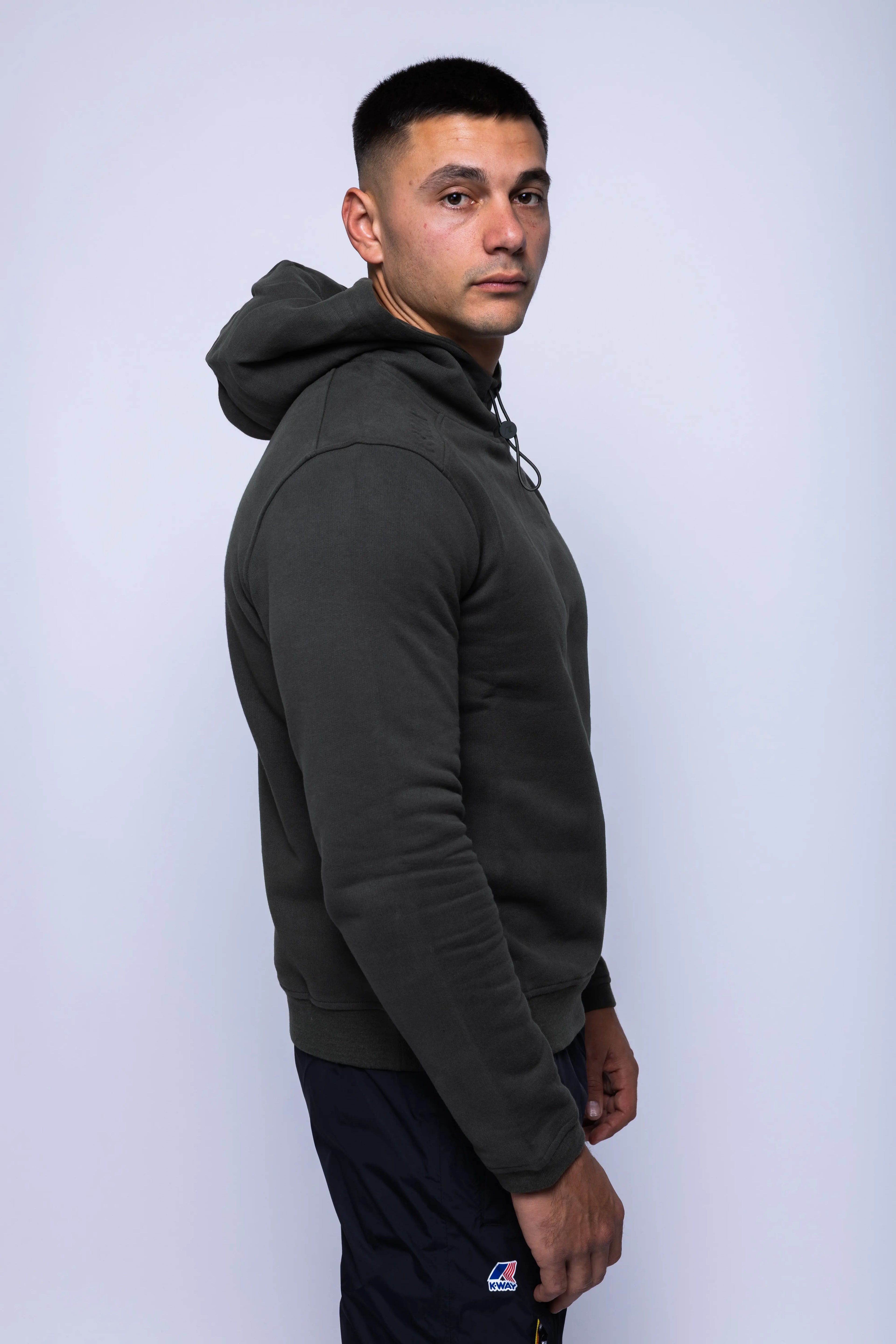 K-Way, Mens Hoodie, Red Syrah, Drawstring, Long Sleeves, Cashmere, Cotton, Dark Red, Elastic Drawcord, Adjustable Hood, Side View. 