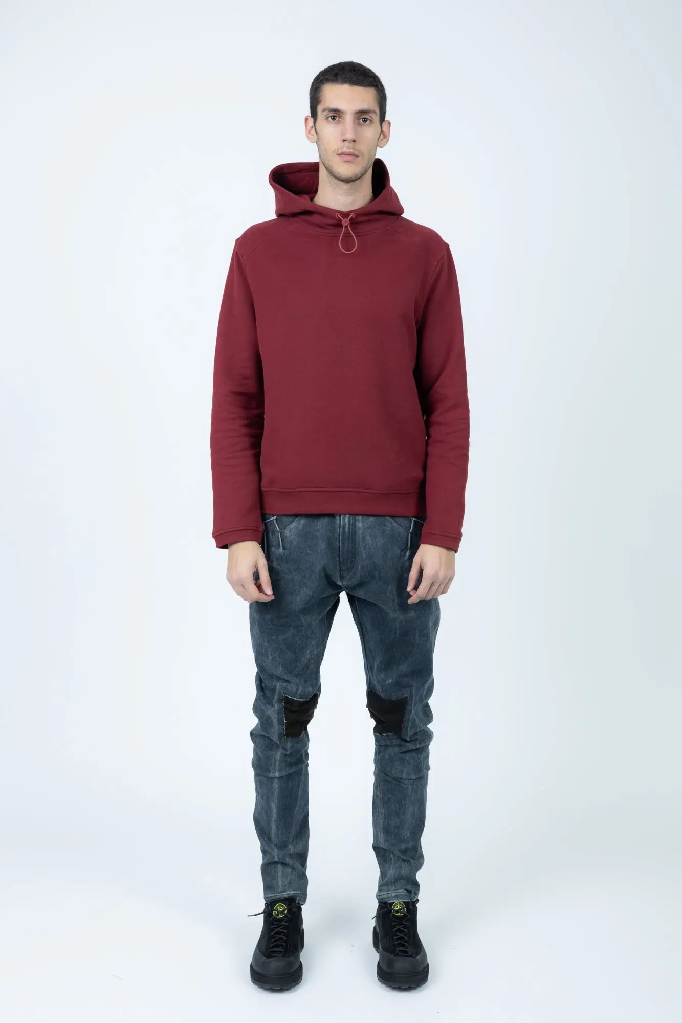 K-Way, Mens Hoodie, Red Syrah, Drawstring, Long Sleeves, Cashmere, Cotton, Dark Red, Elastic Drawcord, Adjustable Hood, Full Body Front View. 
