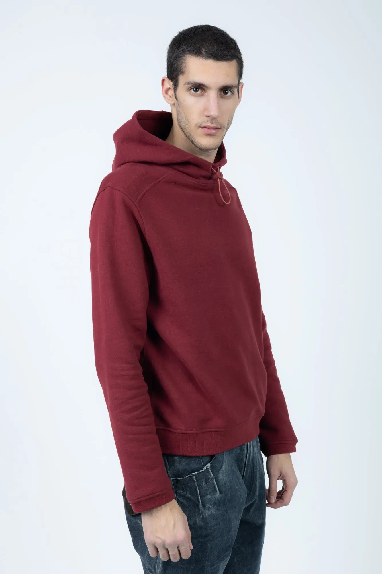 K-Way, Mens Hoodie, Red Syrah, Drawstring, Long Sleeves, Cashmere, Cotton, Dark Red, Elastic Drawcord, Adjustable Hood, Side View. 