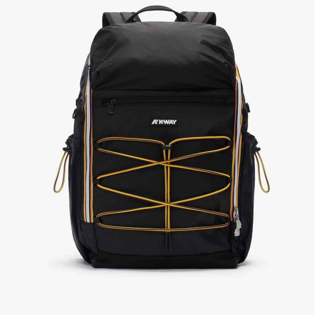K-Way, Mens Backpack, Monte Limar, Black Pure, Unisex, Bungee Cords, Handle, Zippers, Zip Pockets, Laptop Sleeve, Branded Zippers, Carrying Straps, Front View. 