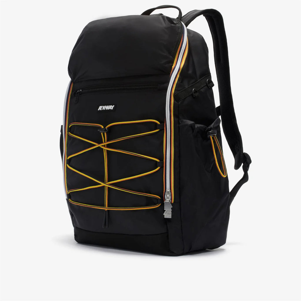 K-Way, Mens Backpack, Monte Limar, Black Pure, Unisex, Bungee Cords, Handle, Zippers, Zip Pockets, Laptop Sleeve, Branded Zippers, Carrying Straps, Front 3/4 View. 