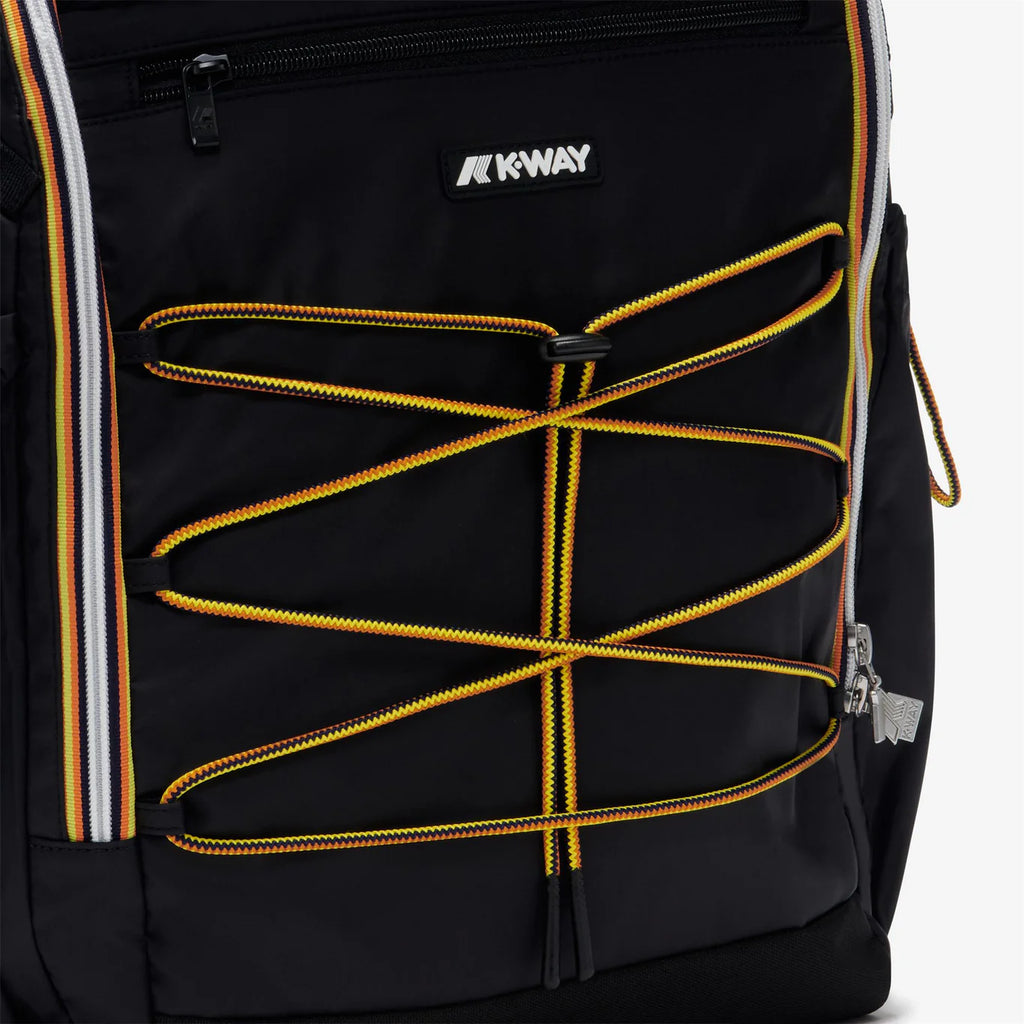 K-Way, Mens Backpack, Monte Limar, Black Pure, Unisex, Bungee Cords, Handle, Zippers, Zip Pockets, Laptop Sleeve, Branded Zippers, Carrying Straps, Close-up View. 