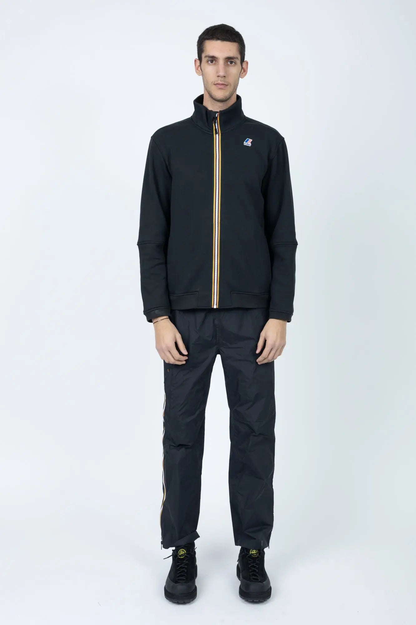 K-Way, Mens Jacket, Black, Cotton, Polyester, Fleece, Brushed, Full-Zip, Elasticated Hem and Cuffs, Chest Logo, Signature Zippers, Side Pockets, Full Body Front View. 