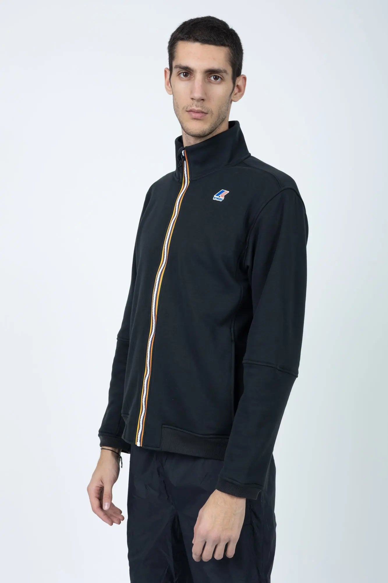 K-Way, Mens Jacket, Black, Cotton, Polyester, Fleece, Brushed, Full-Zip, Elasticated Hem and Cuffs, Chest Logo, Signature Zippers, Side Pockets, Front 3/4 Portrait. 